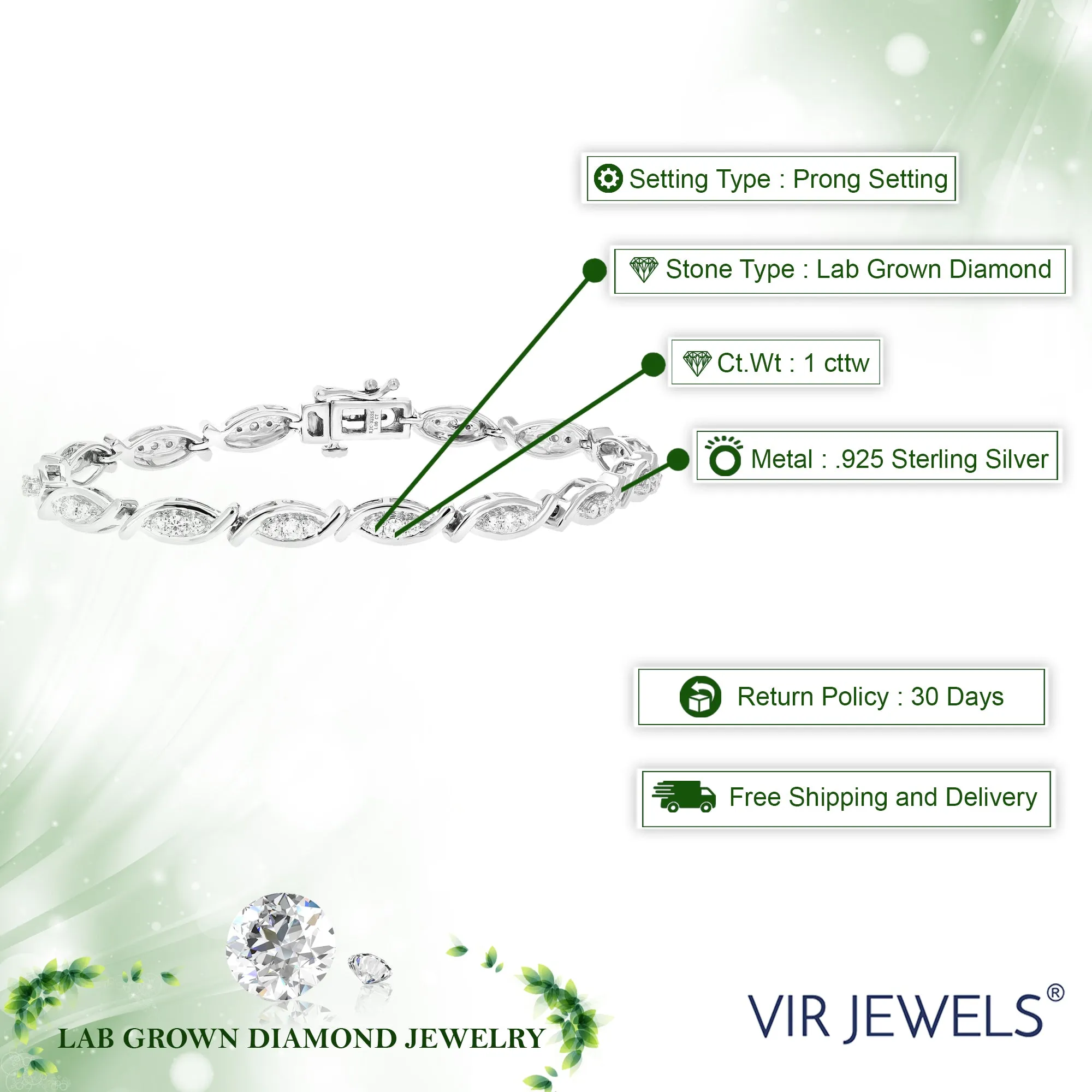 1 cttw Round Lab Grown Diamond Tennis Bracelet .925 Sterling Silver Prong Set