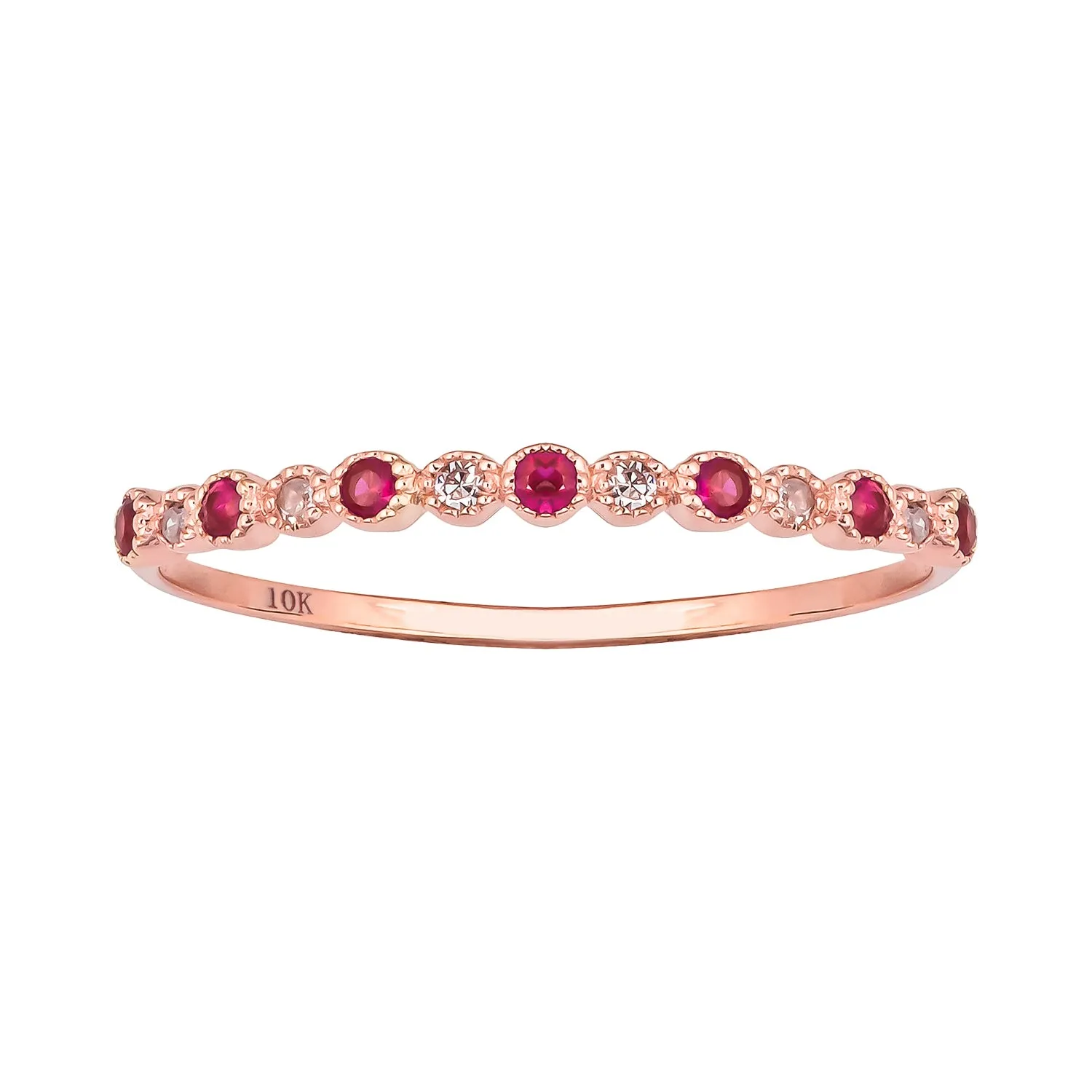 10k Rose Gold Genuine Ruby and Diamond Petite Vintage Style Stackable Band