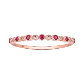 10k Rose Gold Genuine Ruby and Diamond Petite Vintage Style Stackable Band