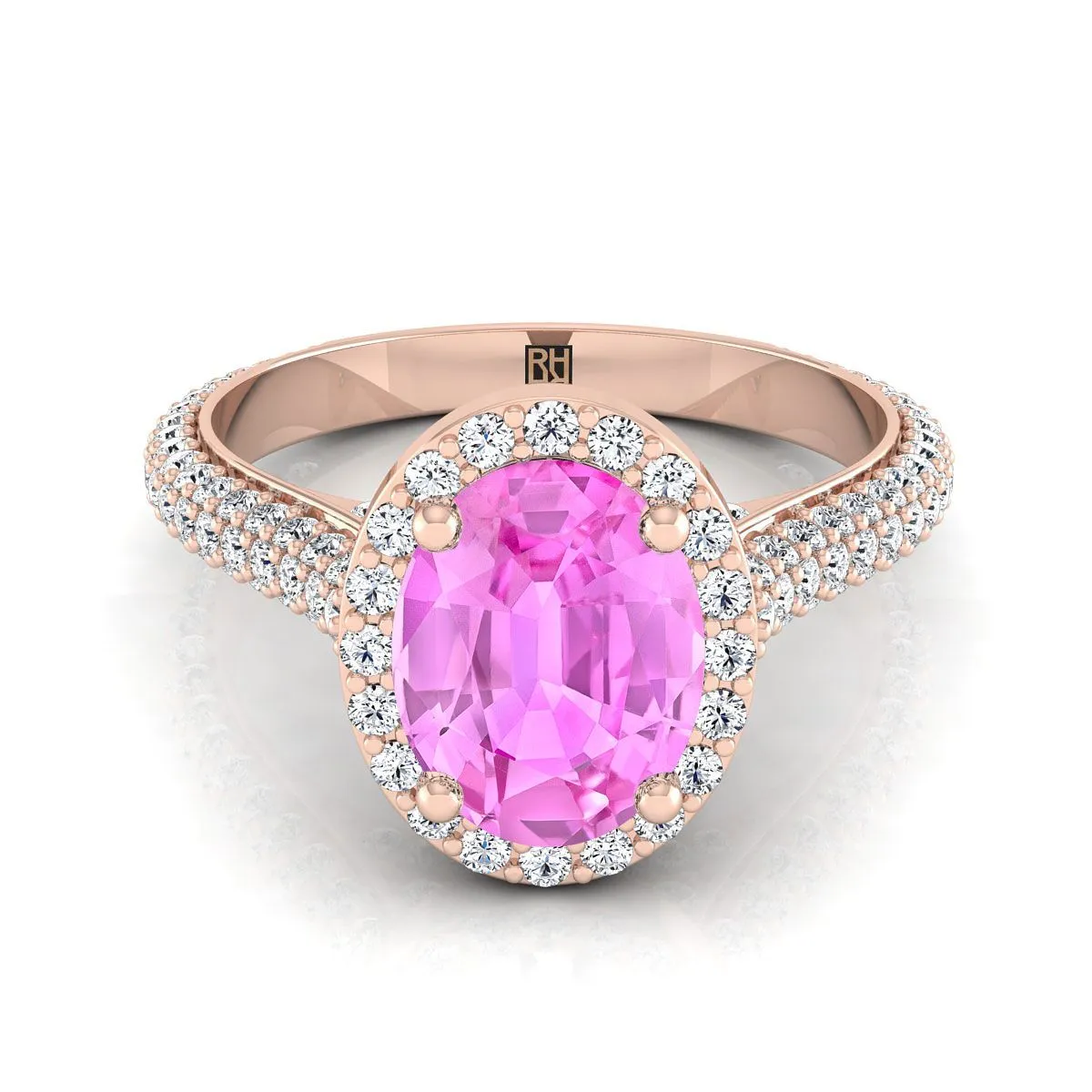 14K Rose Gold Oval Pink Sapphire Micro-Pavé Halo With Pave Side Diamond Engagement Ring -7/8ctw