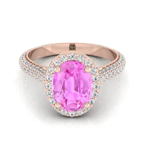 14K Rose Gold Oval Pink Sapphire Micro-Pavé Halo With Pave Side Diamond Engagement Ring -7/8ctw