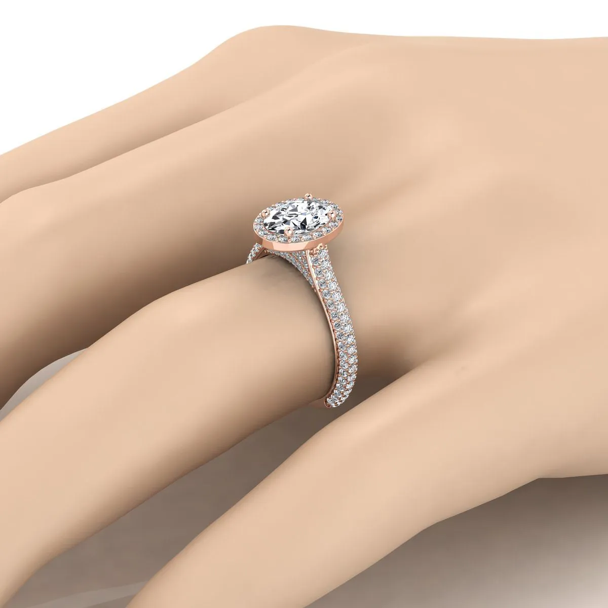 14K Rose Gold Oval Pink Sapphire Micro-Pavé Halo With Pave Side Diamond Engagement Ring -7/8ctw