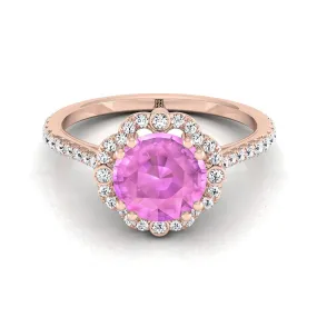 14K Rose Gold Round Brilliant Pink Sapphire Ornate Diamond Halo Vintage Inspired Engagement Ring -1/4ctw