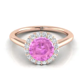 14K Rose Gold Round Brilliant Pink Sapphire Shared Prong Diamond Halo Engagement Ring -1/5ctw