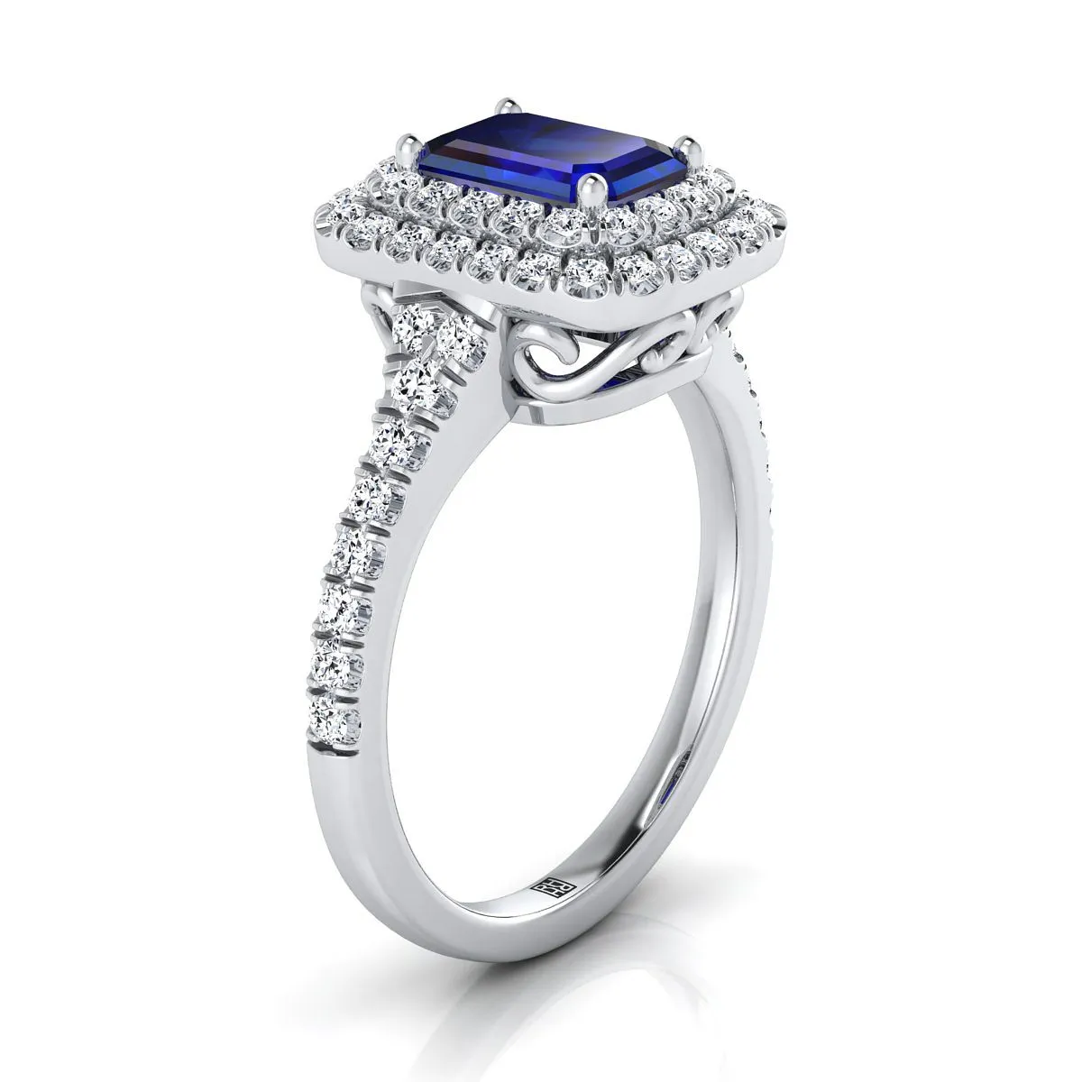 14K White Gold Emerald Cut Sapphire Double Halo with Scalloped Pavé Diamond Engagement Ring -1/2ctw