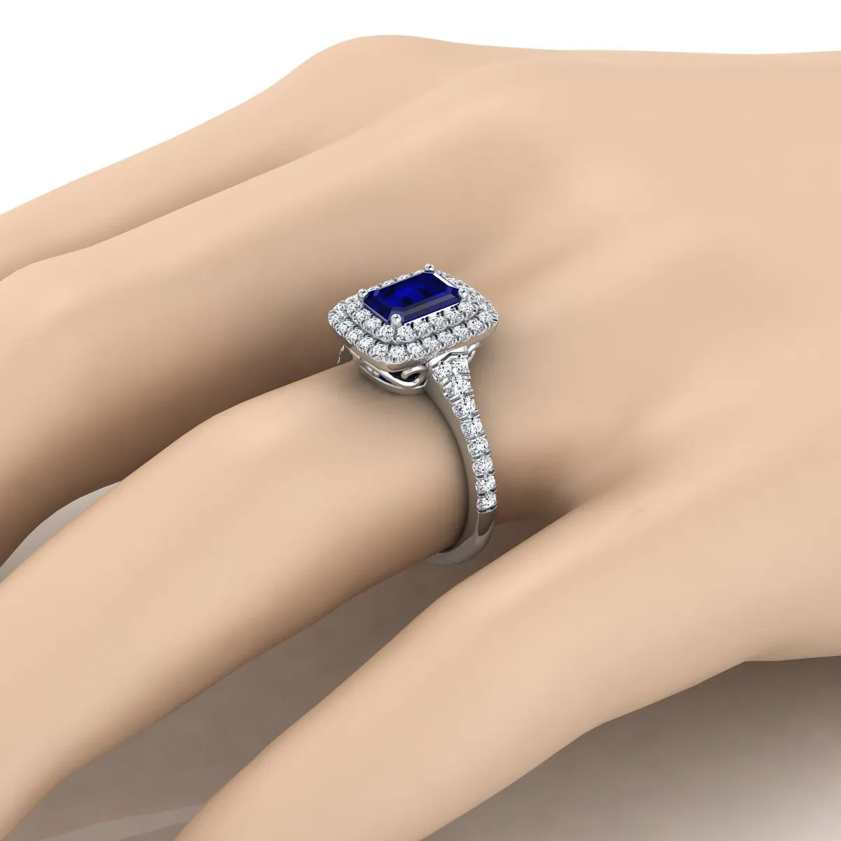 14K White Gold Emerald Cut Sapphire Double Halo with Scalloped Pavé Diamond Engagement Ring -1/2ctw