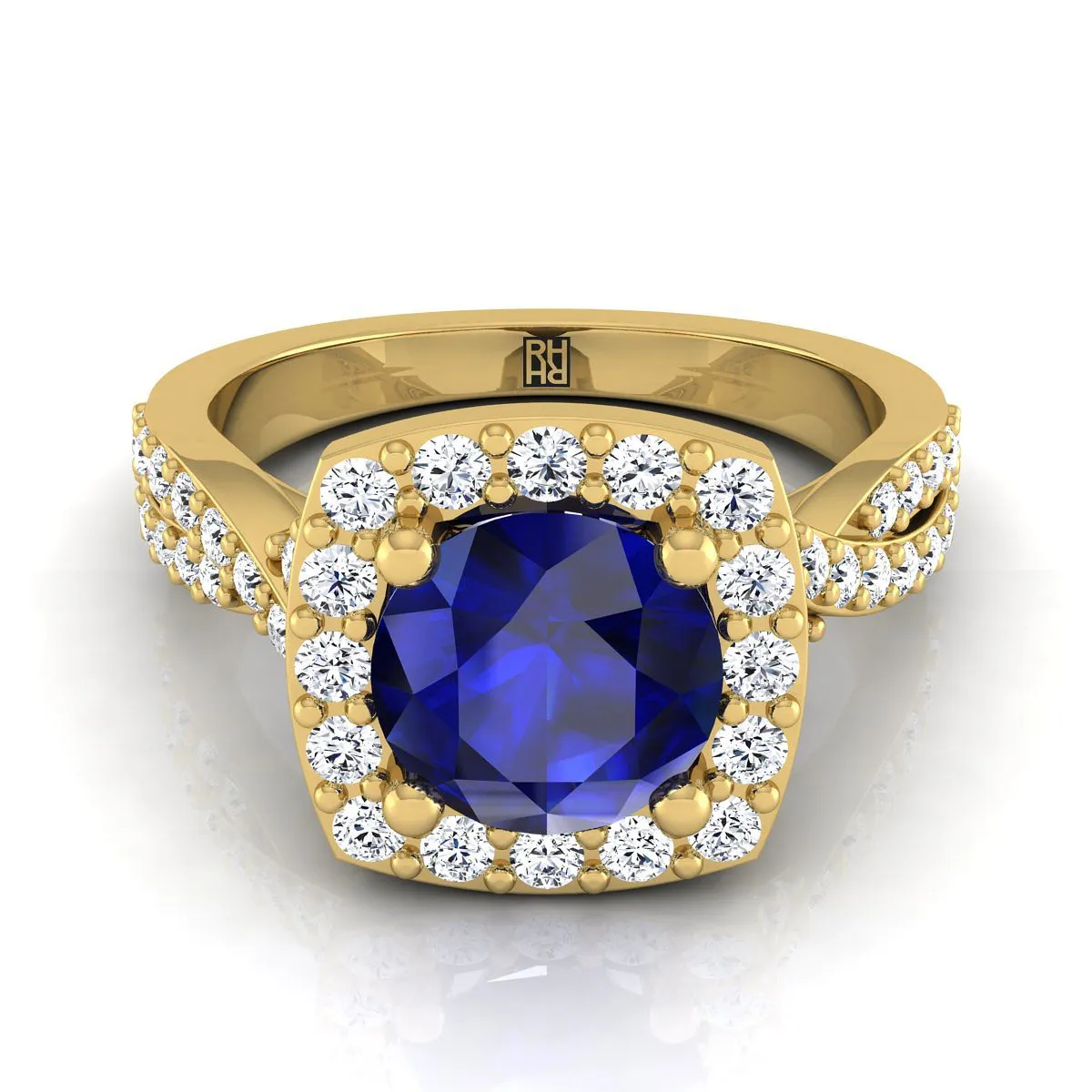 14K Yellow Gold Round Brilliant Sapphire Twisted Scalloped Pavé Diamond Halo Engagement Ring -3/8ctw