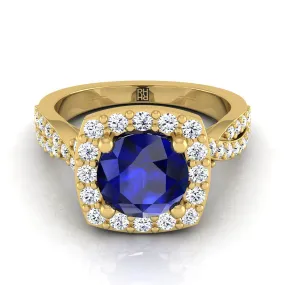 14K Yellow Gold Round Brilliant Sapphire Twisted Scalloped Pavé Diamond Halo Engagement Ring -3/8ctw