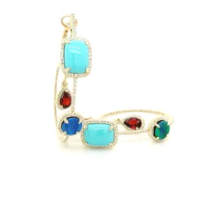 14K Yellow Gold Turquiose, Garnet & Opal Diamond Hoop Earrings