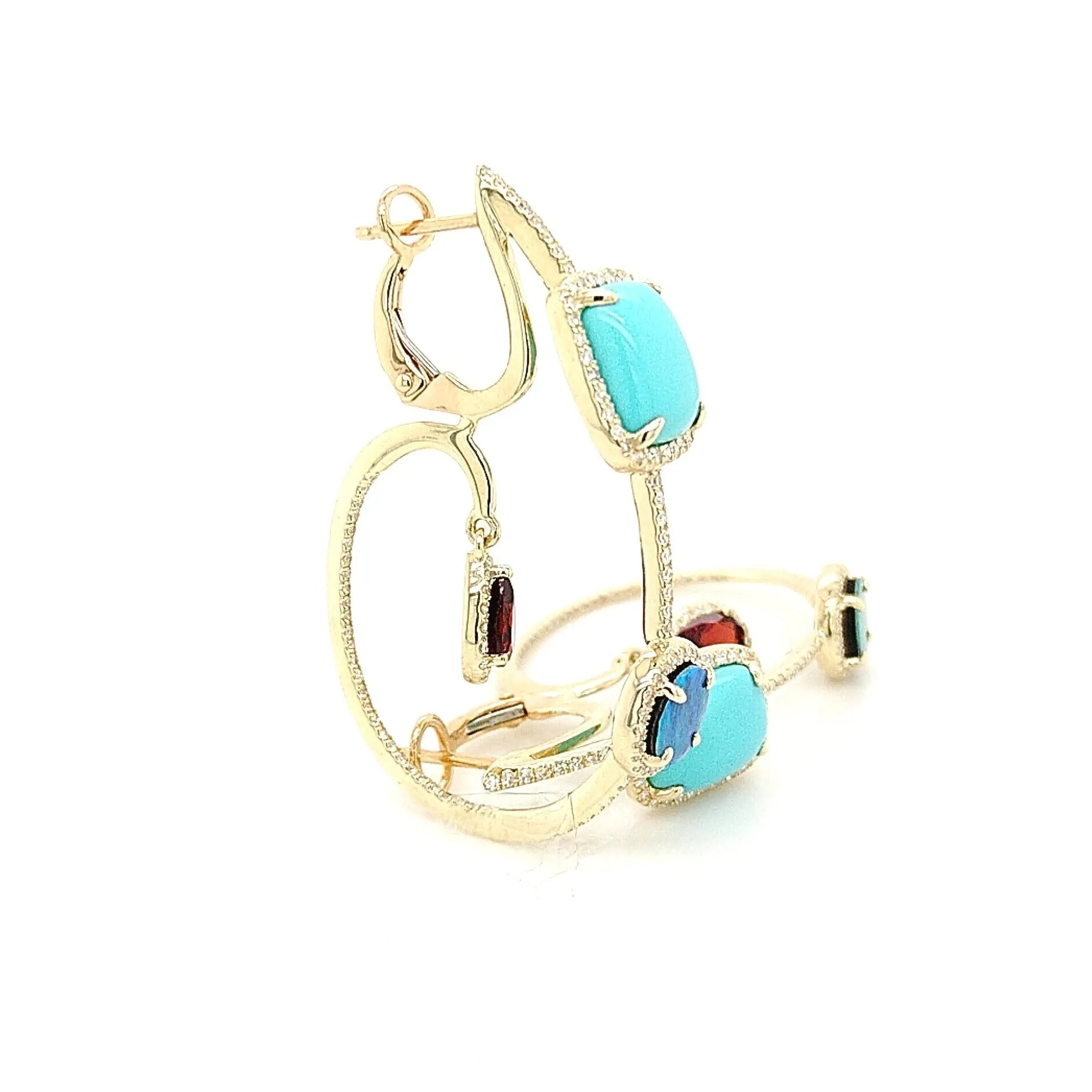 14K Yellow Gold Turquiose, Garnet & Opal Diamond Hoop Earrings