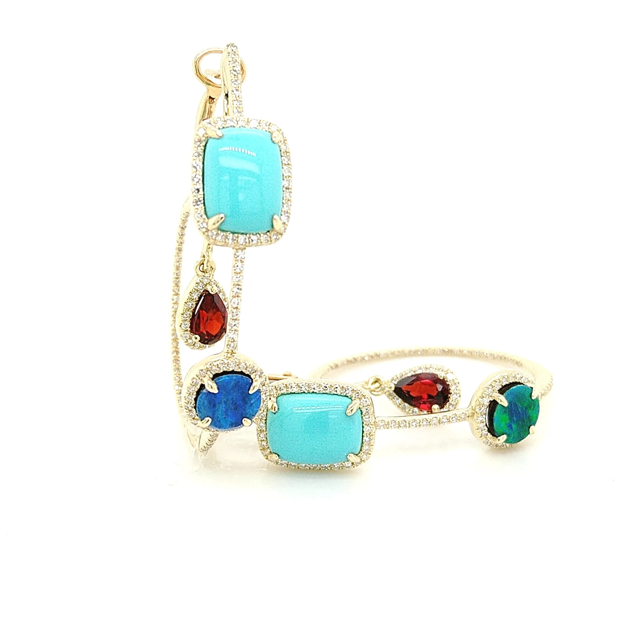 14K Yellow Gold Turquiose, Garnet & Opal Diamond Hoop Earrings