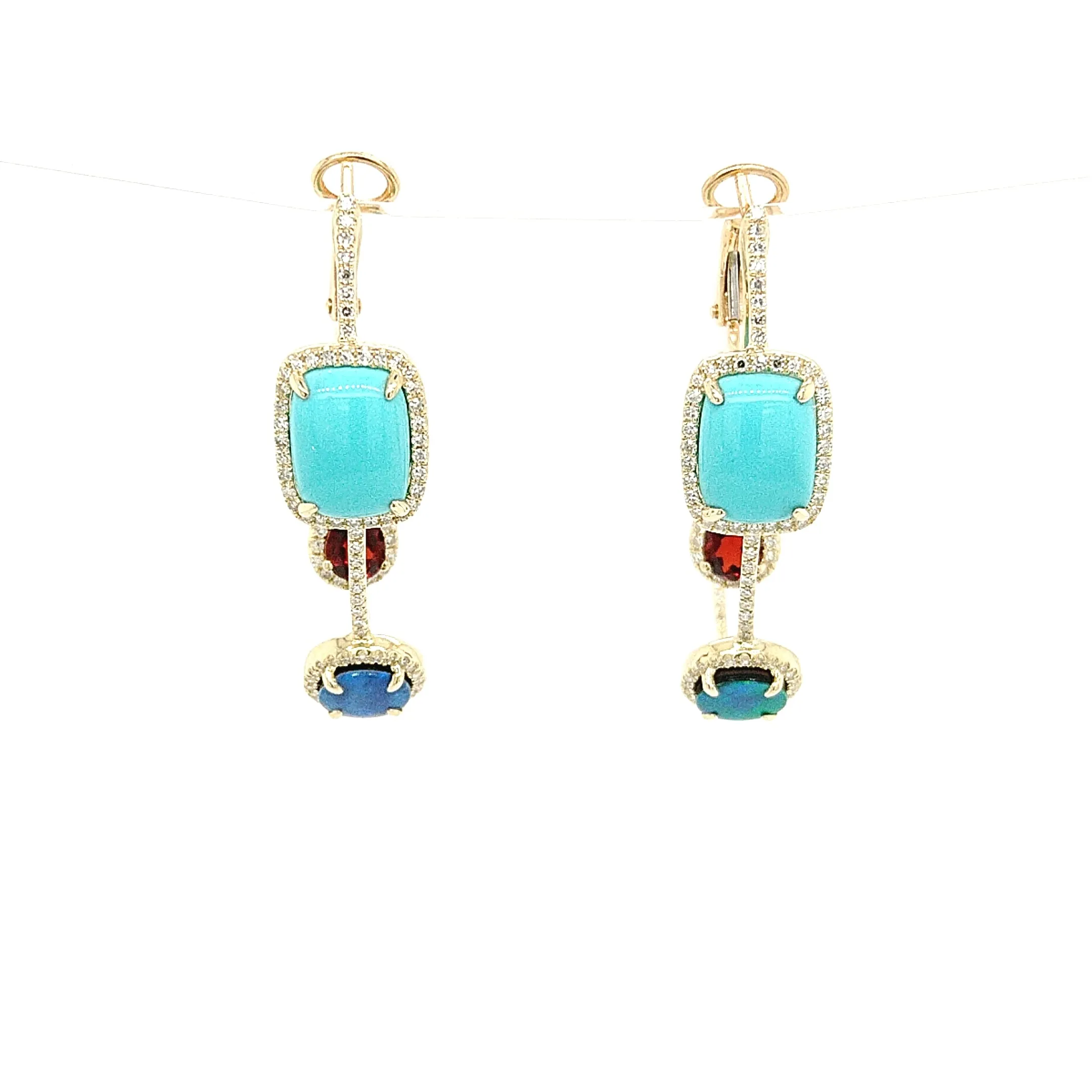 14K Yellow Gold Turquiose, Garnet & Opal Diamond Hoop Earrings
