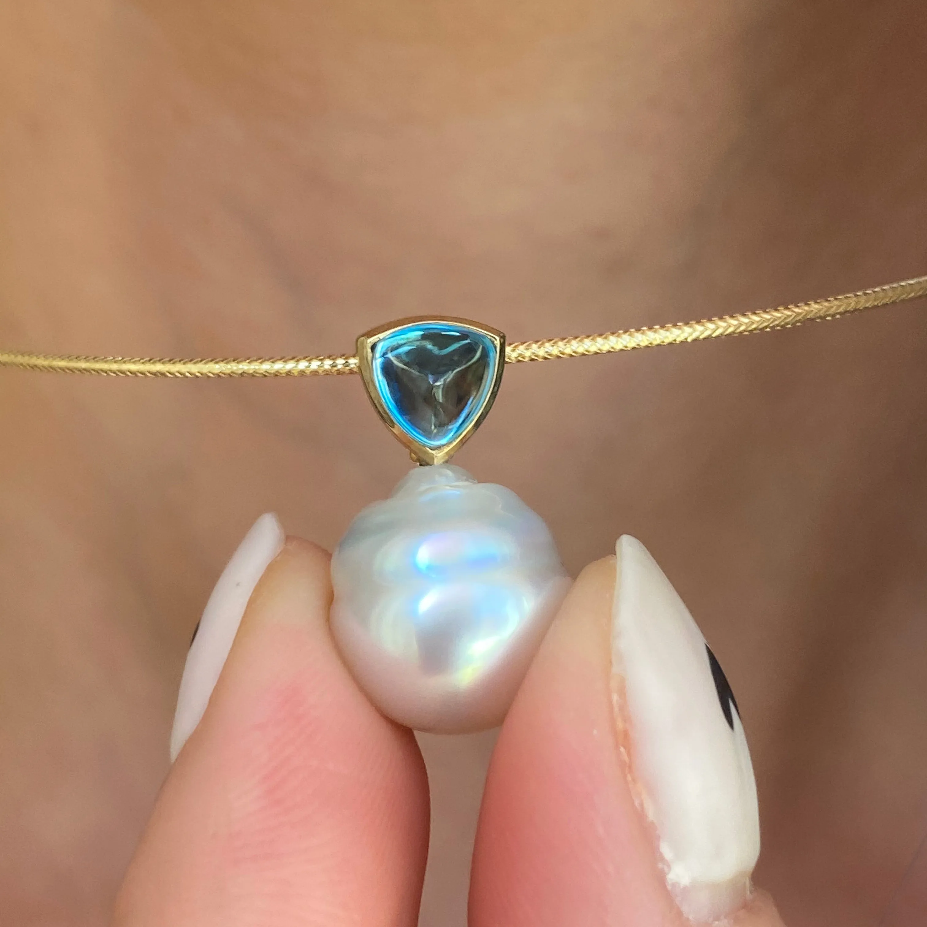 14KT Yellow Gold Blue Topaz   11mm Paspaley Pearl Pendant Charm
