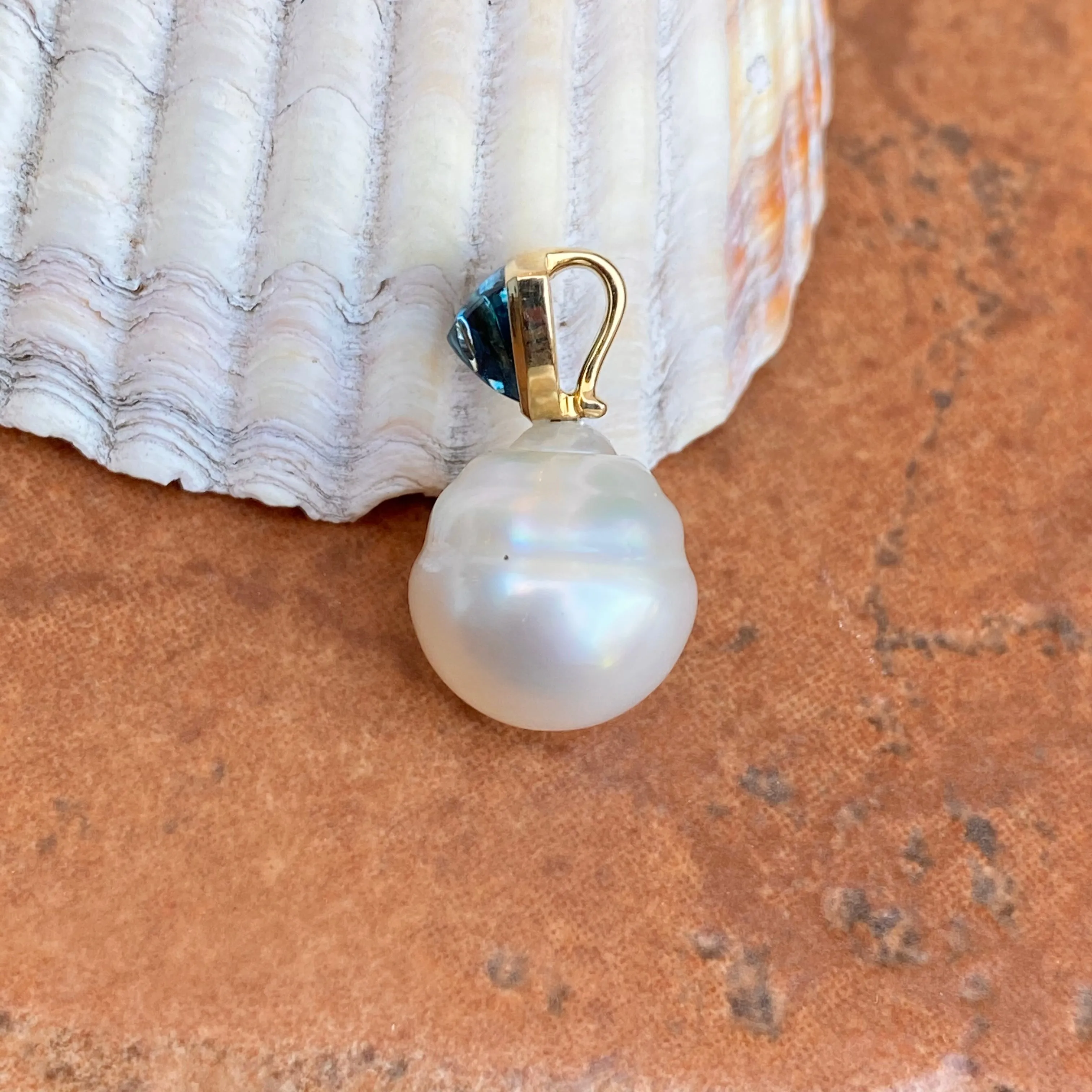14KT Yellow Gold Blue Topaz   11mm Paspaley Pearl Pendant Charm