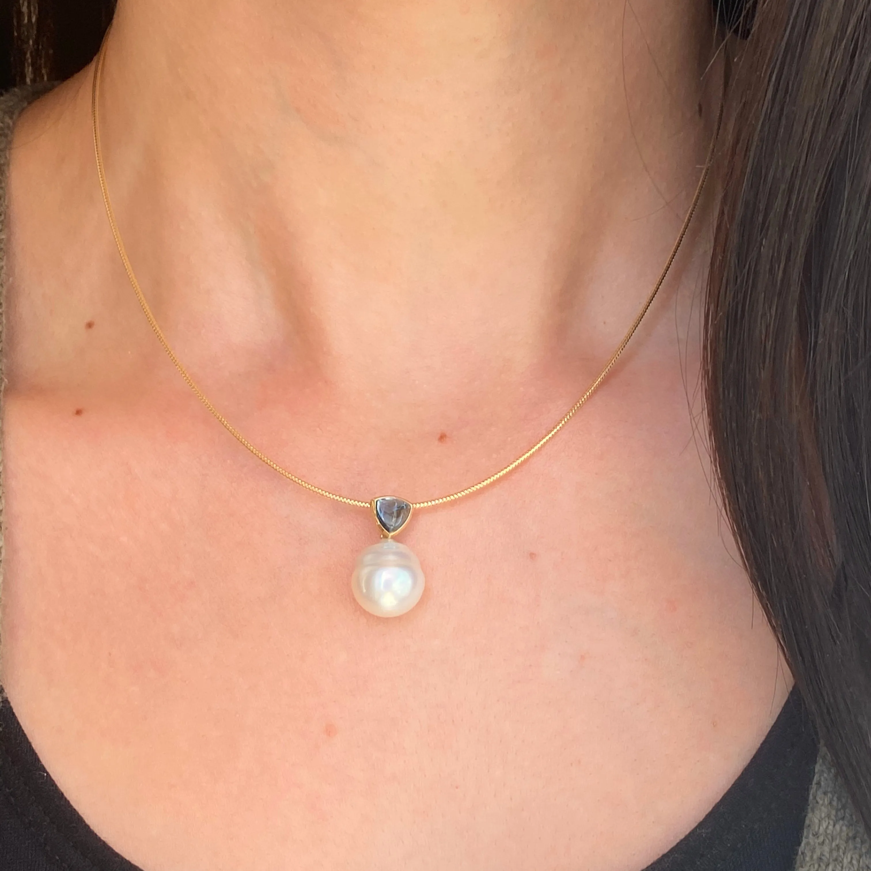 14KT Yellow Gold Blue Topaz   11mm Paspaley Pearl Pendant Charm