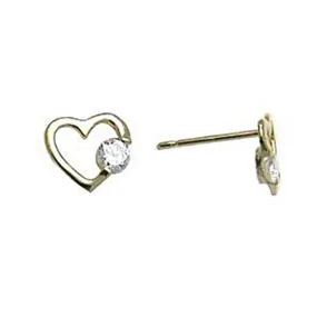 14kt Yellow Gold CZ Hollow Heart Stud Earrings 7mm