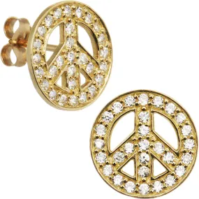 14kt Yellow Gold CZ Paved Peace Sign Stud Earrings