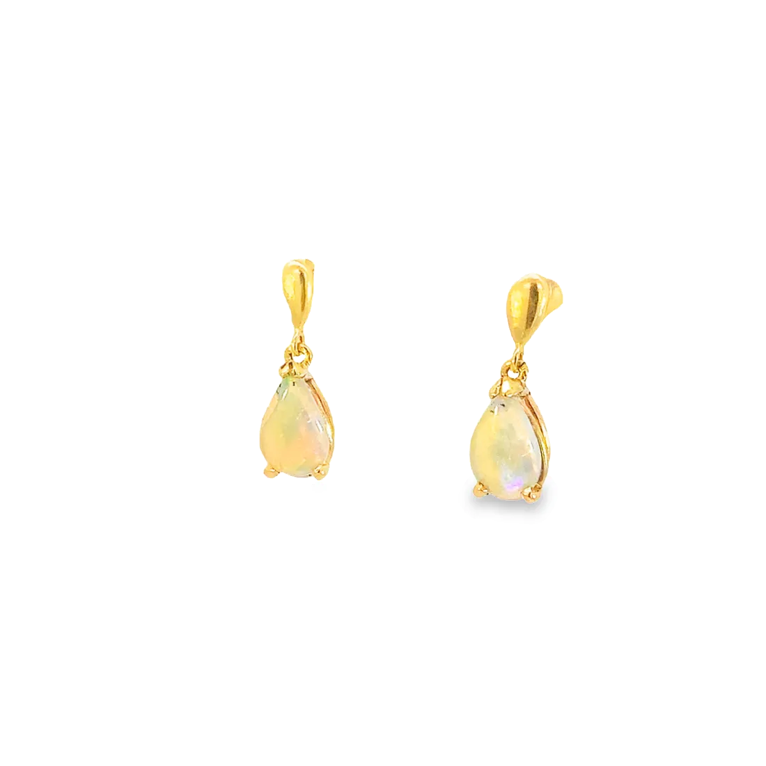 14kt Yellow Gold dangling pear shape 8x5mm Crystal Opal earrings