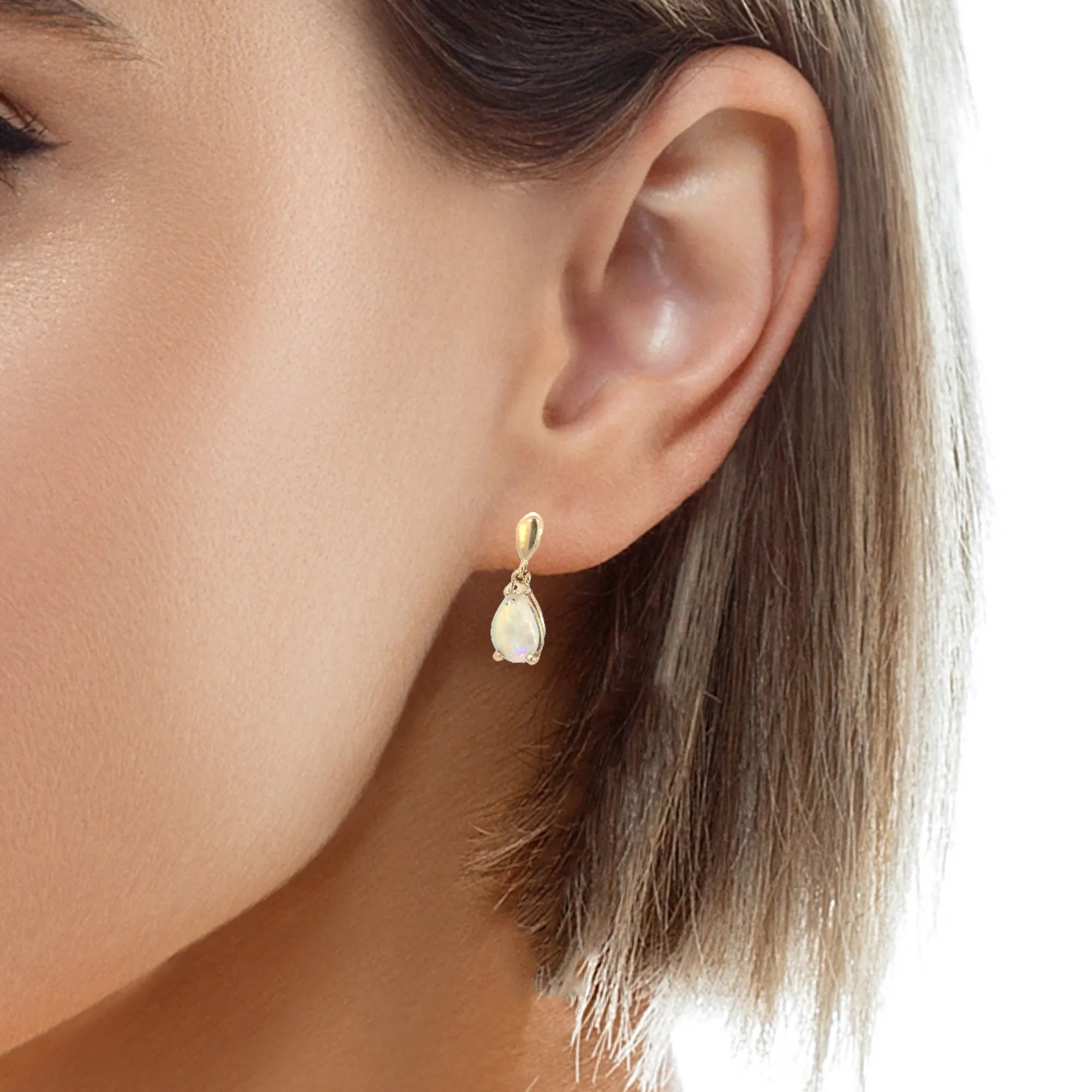 14kt Yellow Gold dangling pear shape 8x5mm Crystal Opal earrings