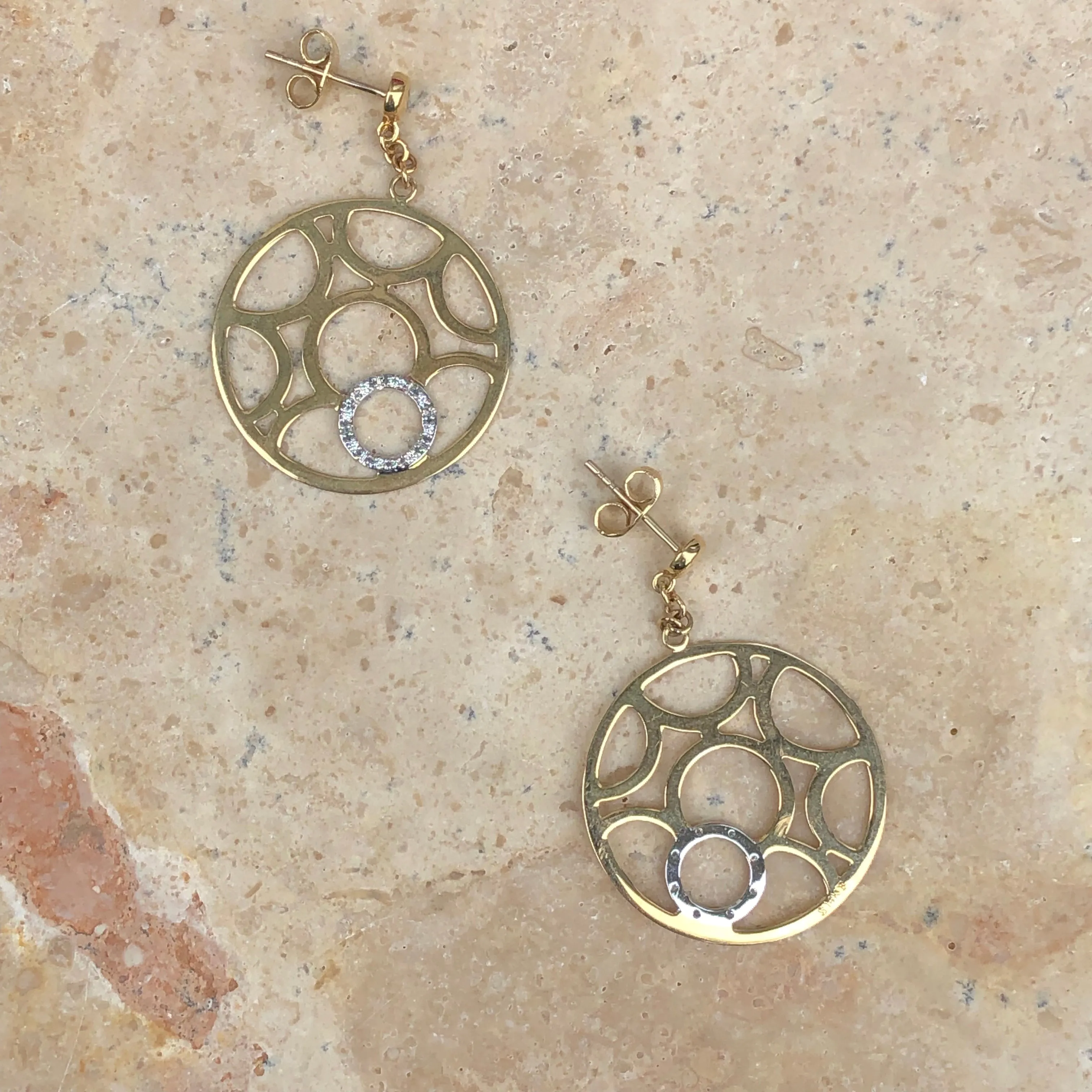 14KT Yellow Gold   White Gold Pave Diamond Circle Earrings