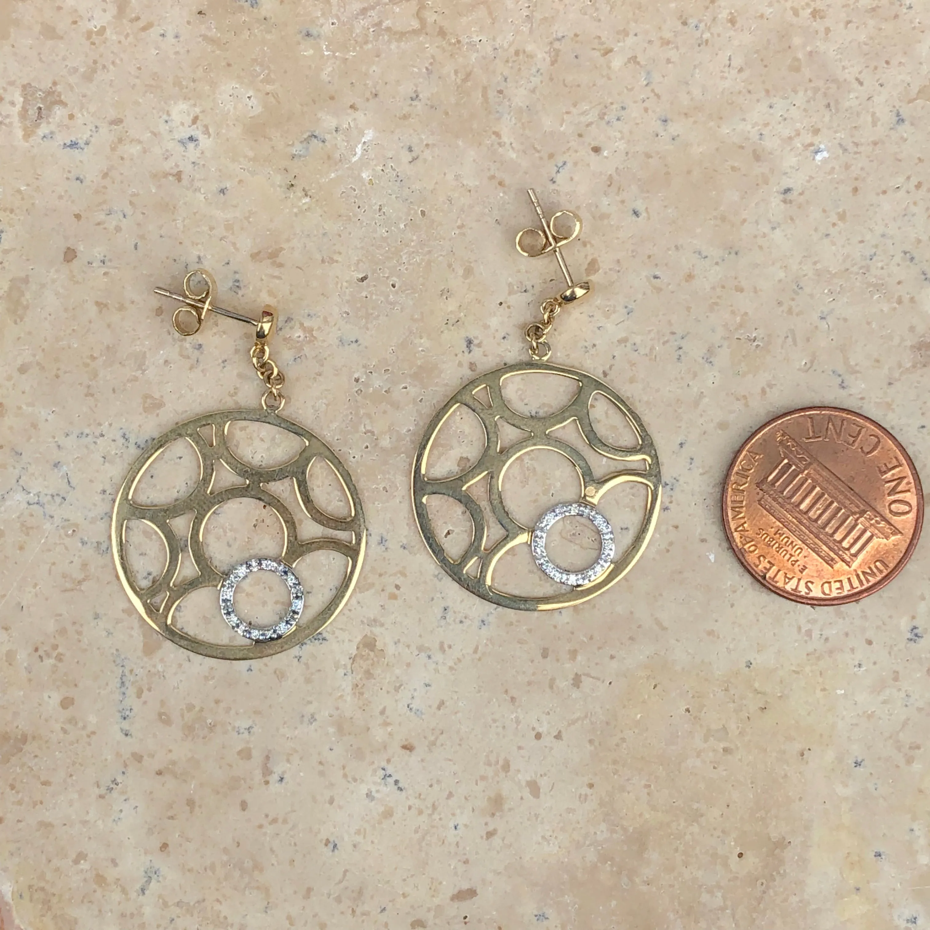 14KT Yellow Gold   White Gold Pave Diamond Circle Earrings