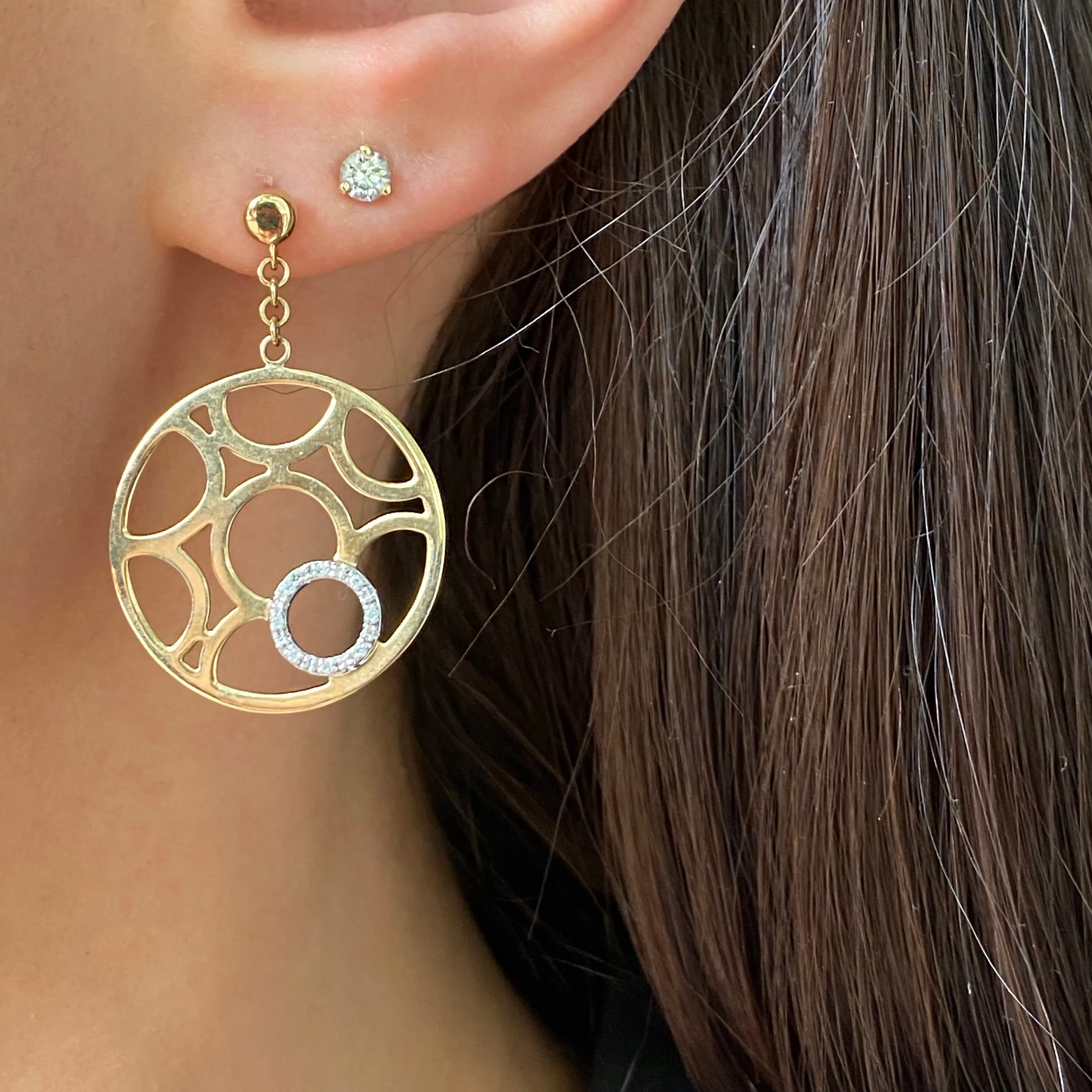14KT Yellow Gold   White Gold Pave Diamond Circle Earrings