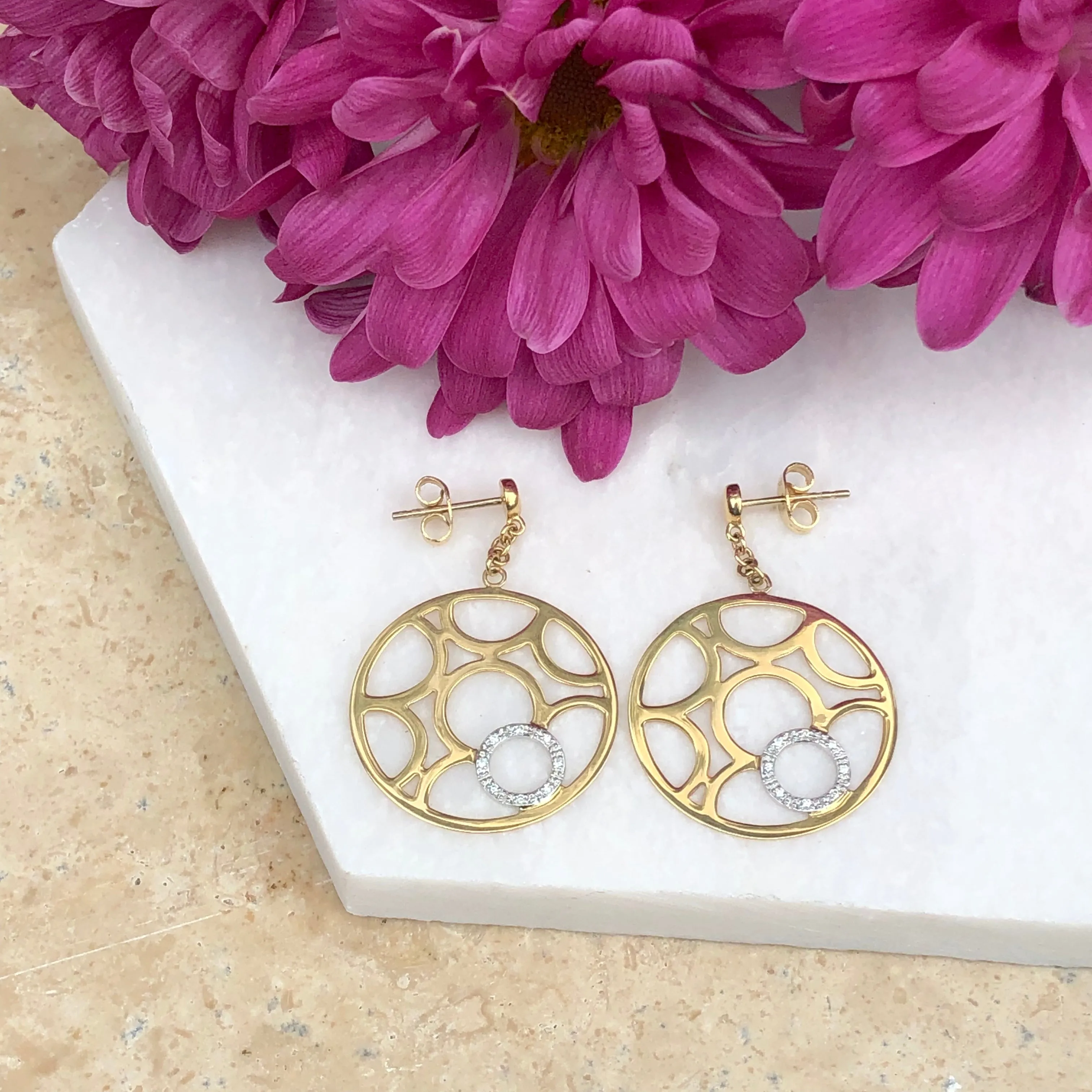 14KT Yellow Gold   White Gold Pave Diamond Circle Earrings