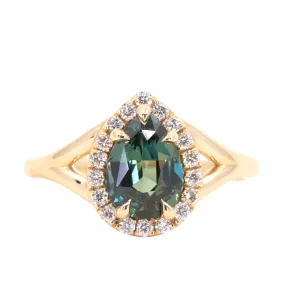1.58ct Pear Sapphire Low Profile Split Shank Diamond Halo in 14k Yellow Gold