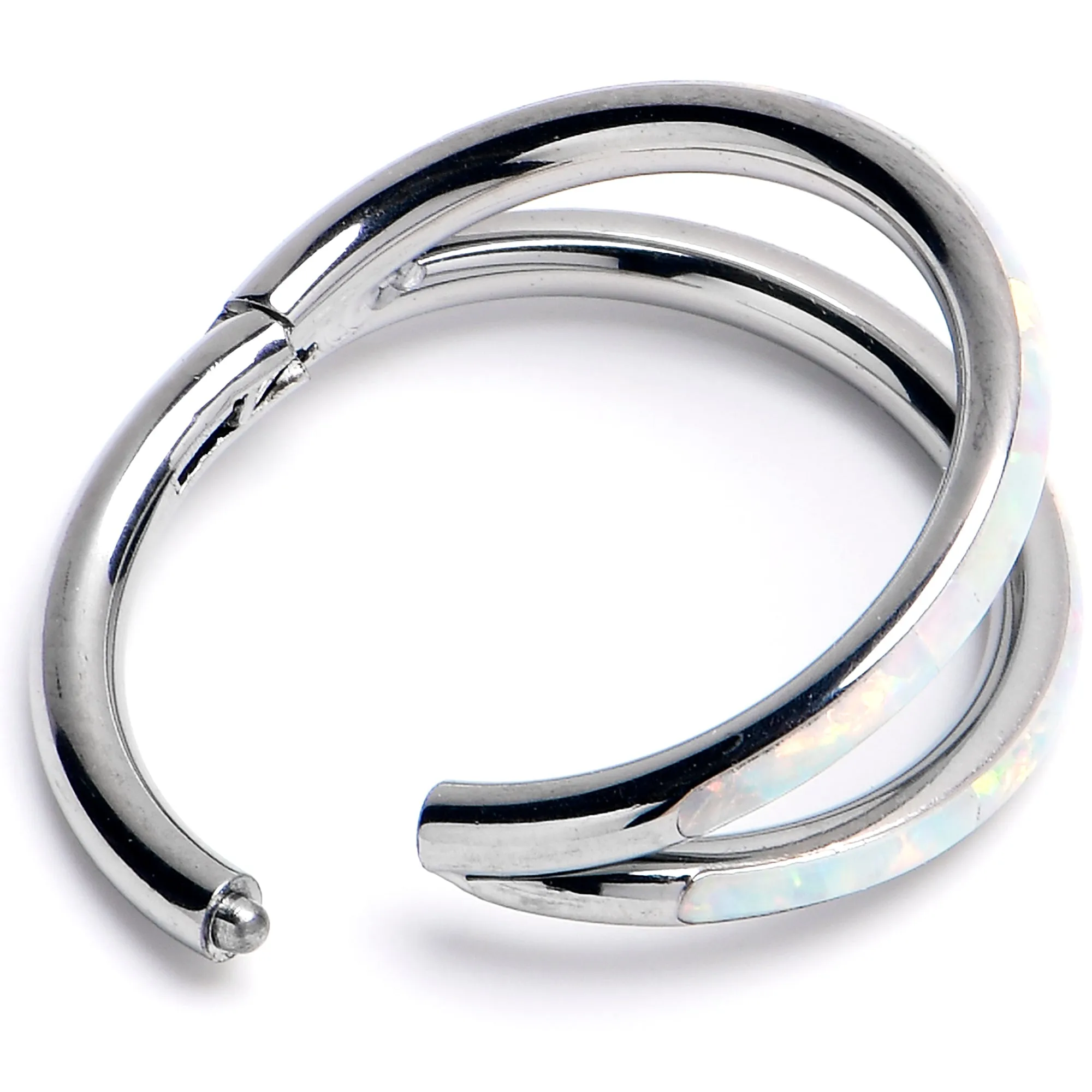 16 Gauge 3/8 White Synthetic Opal ASTM F-136 Implant Grade Titanium Double Hinged Segment Ring