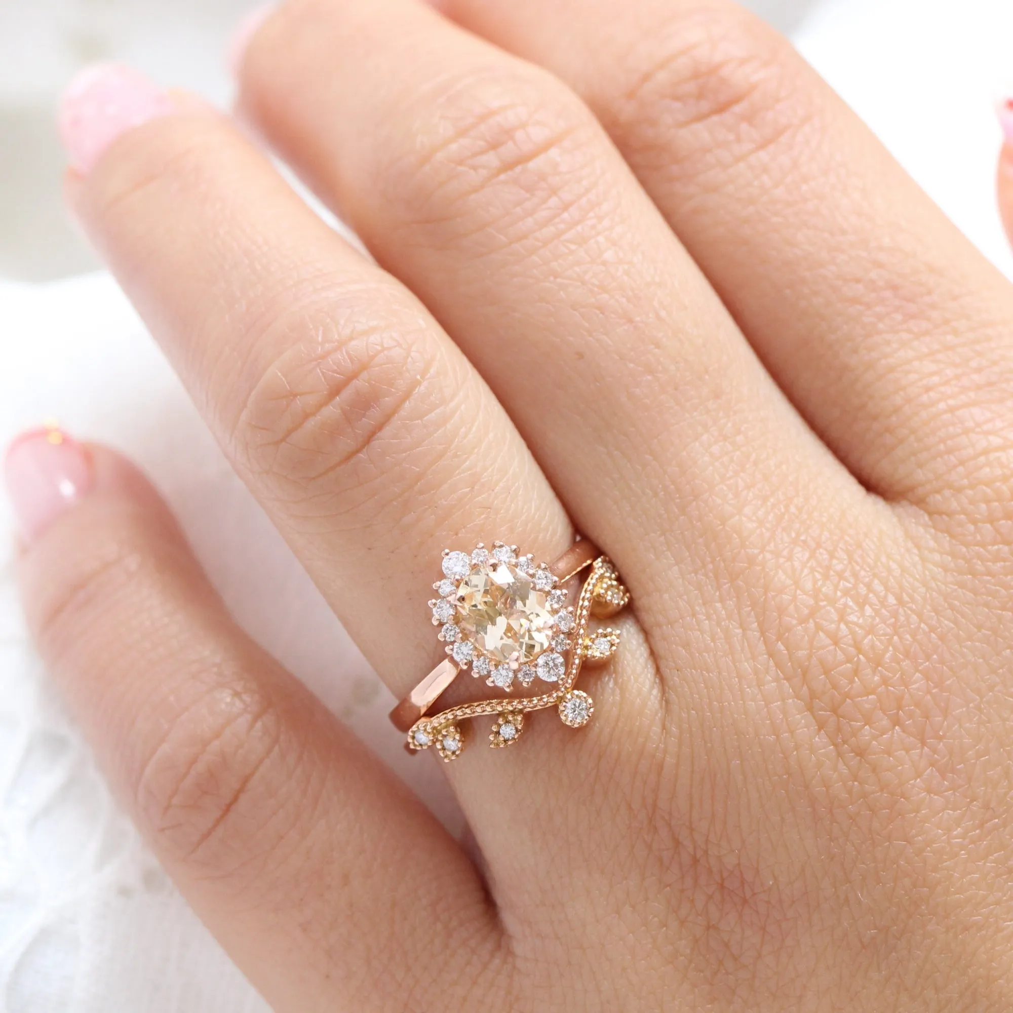 1.61 Ct Champagne Yellow Sapphire Ring in 14k Rose Gold Tiara Oval Halo Diamond, Size 6.25