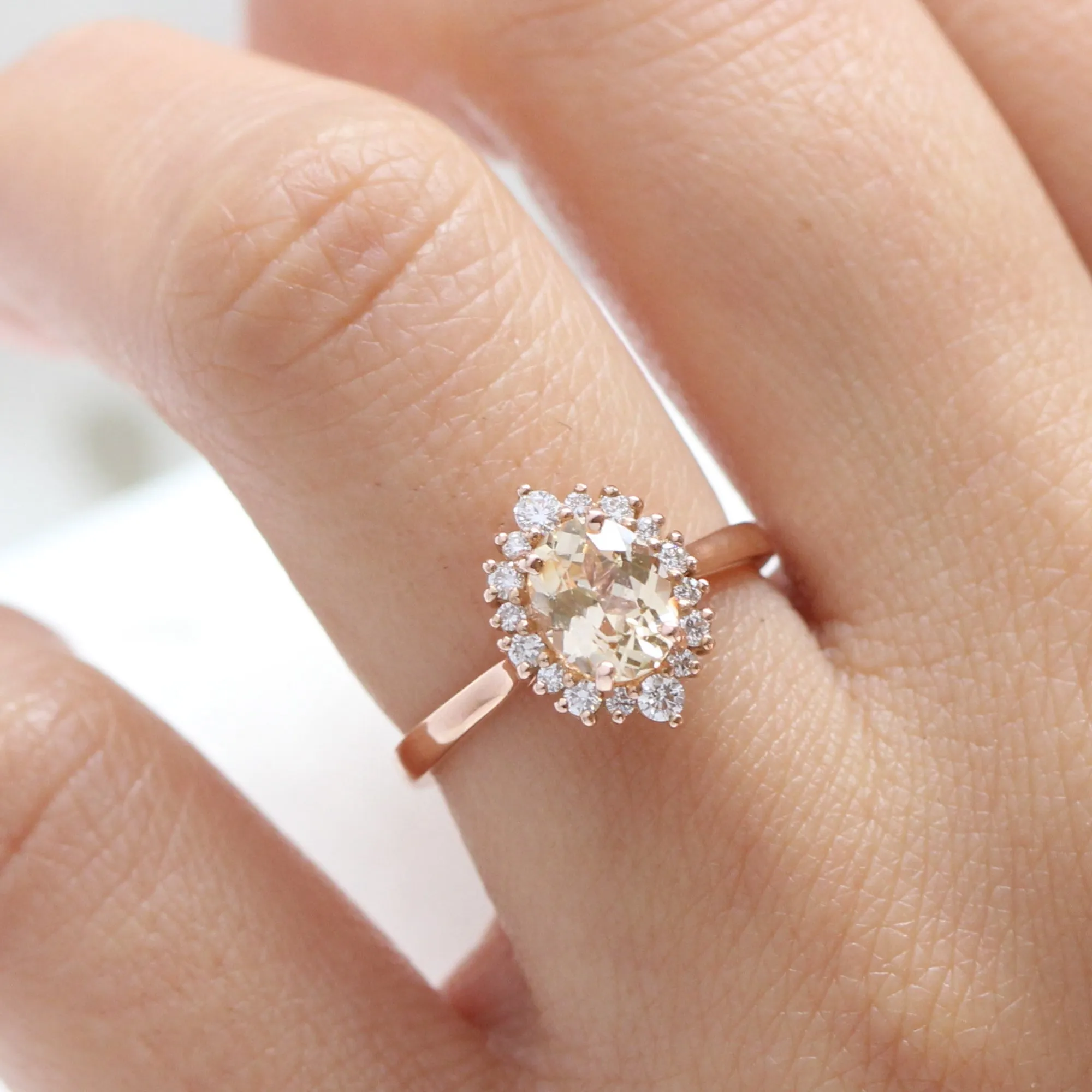 1.61 Ct Champagne Yellow Sapphire Ring in 14k Rose Gold Tiara Oval Halo Diamond, Size 6.25