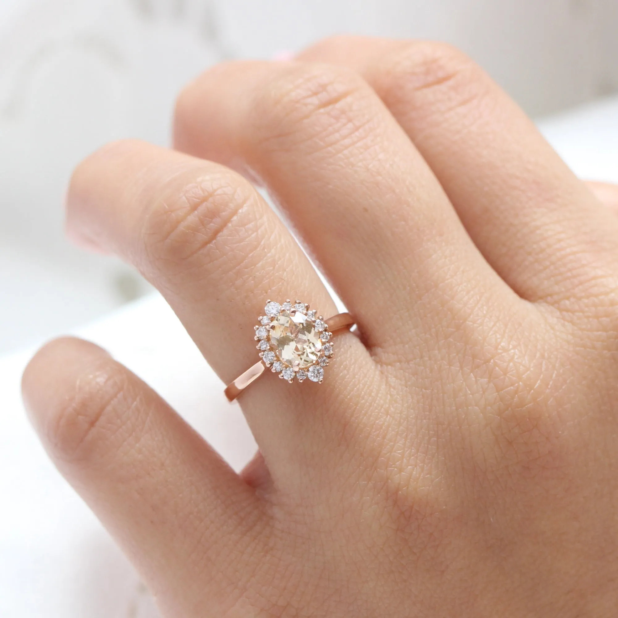 1.61 Ct Champagne Yellow Sapphire Ring in 14k Rose Gold Tiara Oval Halo Diamond, Size 6.25