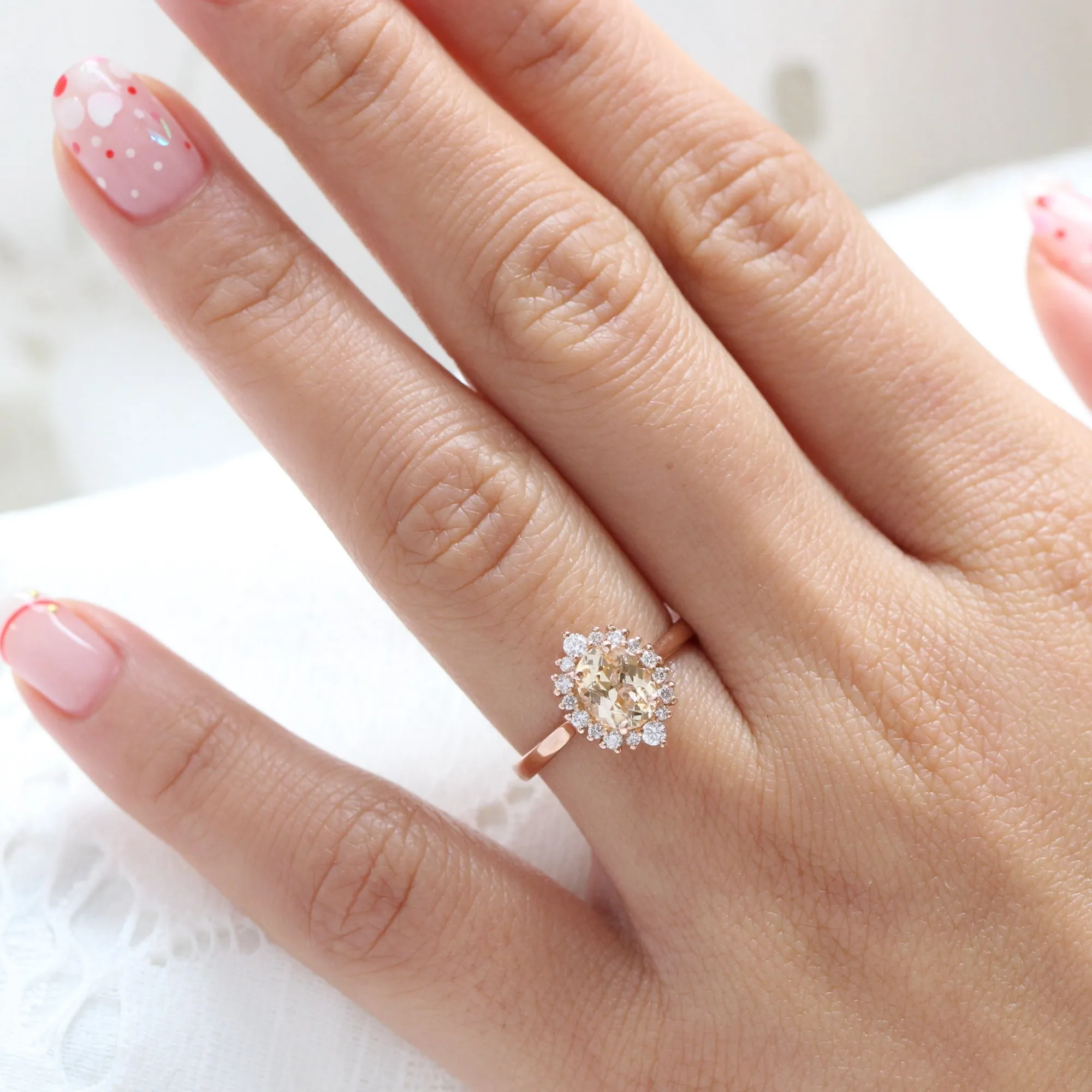 1.61 Ct Champagne Yellow Sapphire Ring in 14k Rose Gold Tiara Oval Halo Diamond, Size 6.25