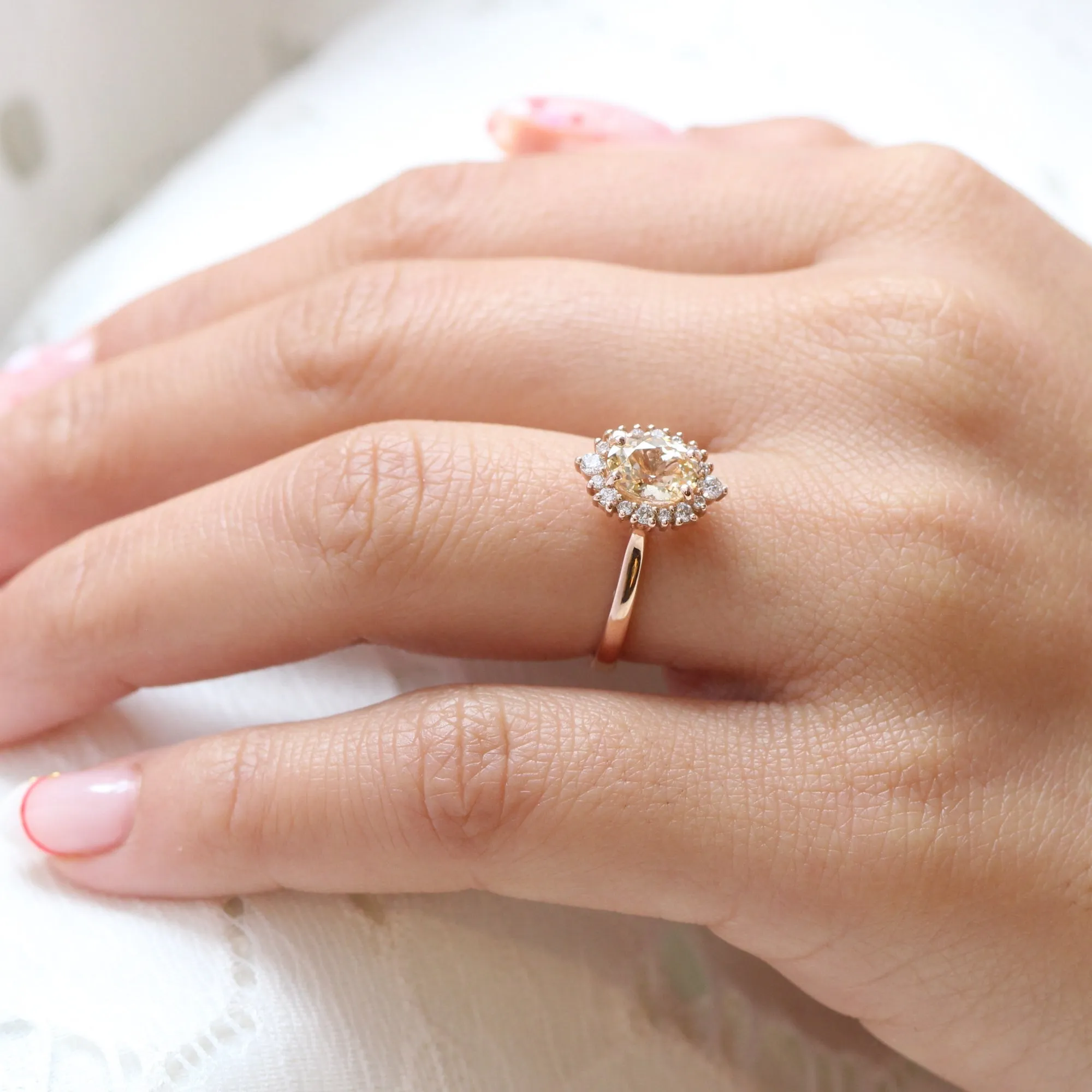 1.61 Ct Champagne Yellow Sapphire Ring in 14k Rose Gold Tiara Oval Halo Diamond, Size 6.25