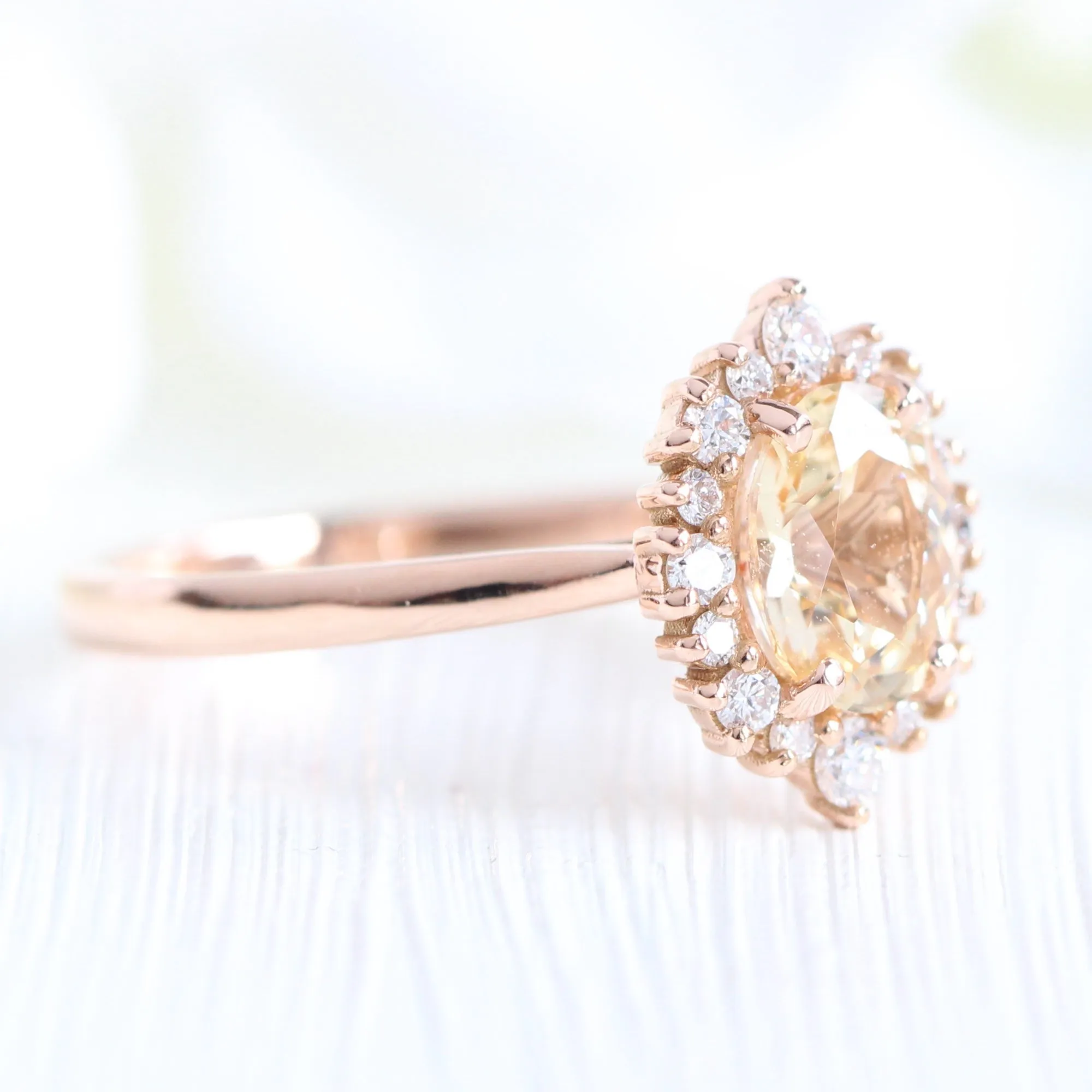 1.61 Ct Champagne Yellow Sapphire Ring in 14k Rose Gold Tiara Oval Halo Diamond, Size 6.25