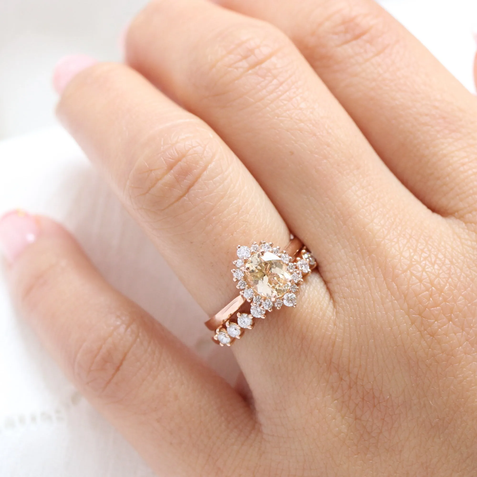 1.61 Ct Champagne Yellow Sapphire Ring in 14k Rose Gold Tiara Oval Halo Diamond, Size 6.25