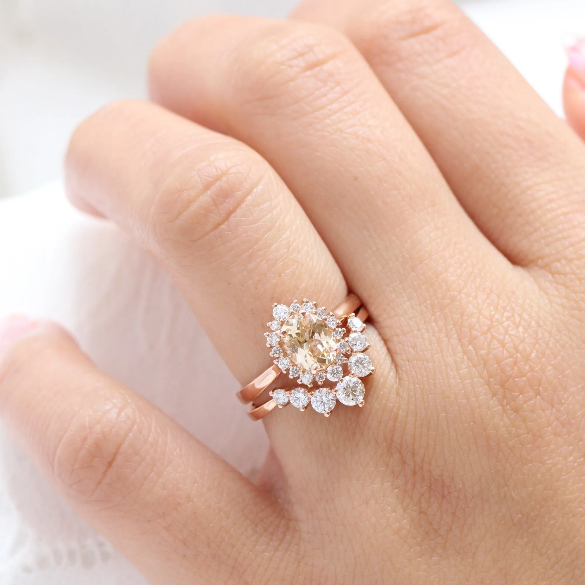1.61 Ct Champagne Yellow Sapphire Ring in 14k Rose Gold Tiara Oval Halo Diamond, Size 6.25