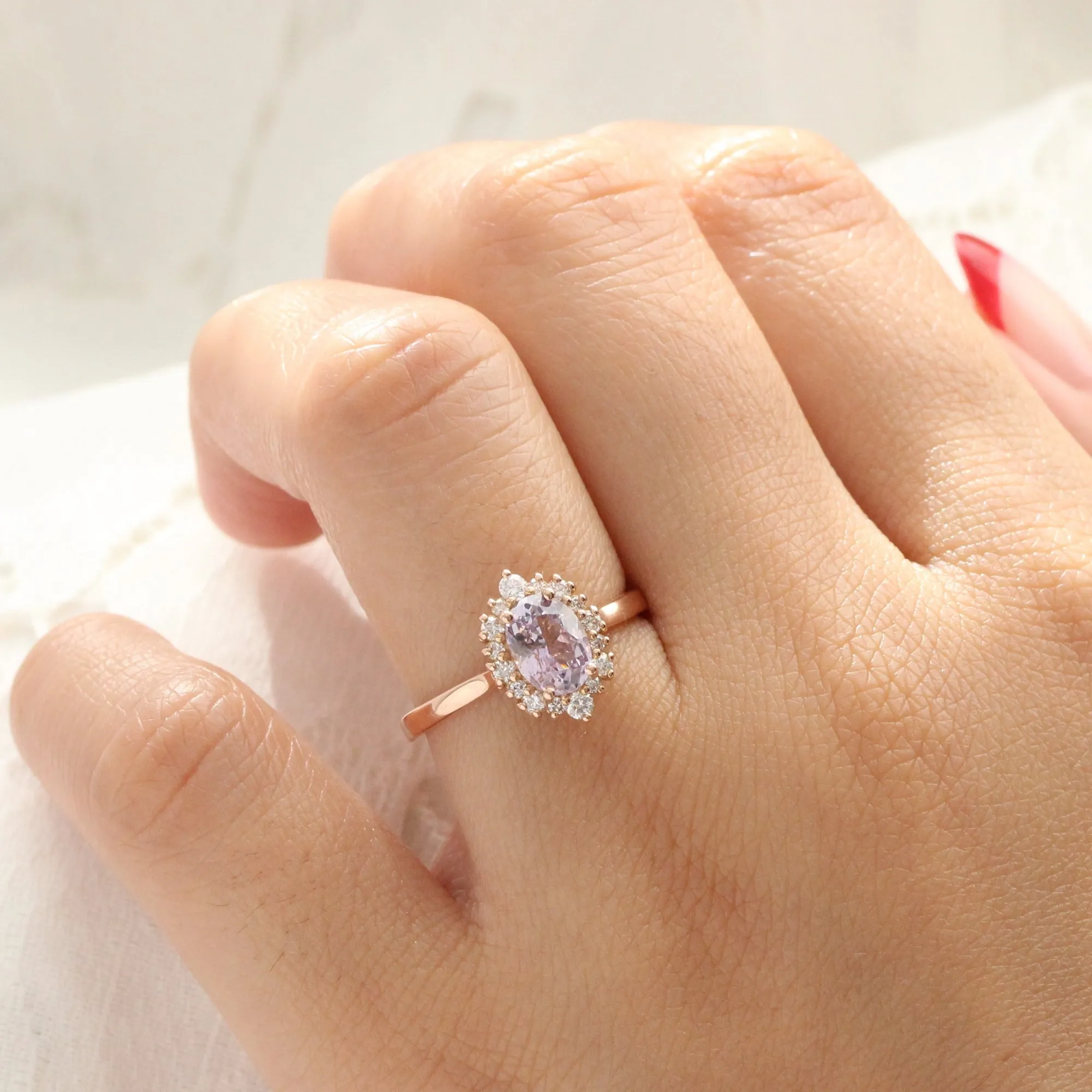 1.62 Ct Oval Lavender Sapphire Ring in 14k Rose Gold Tiara Halo Diamond, Size 6.75