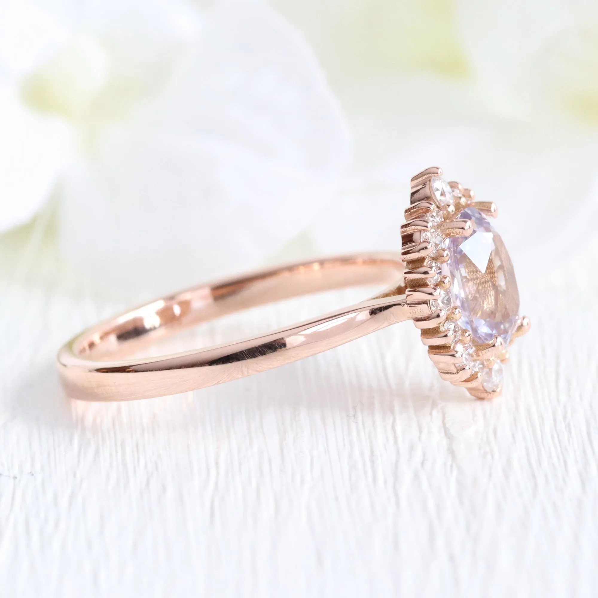 1.62 Ct Oval Lavender Sapphire Ring in 14k Rose Gold Tiara Halo Diamond, Size 6.75