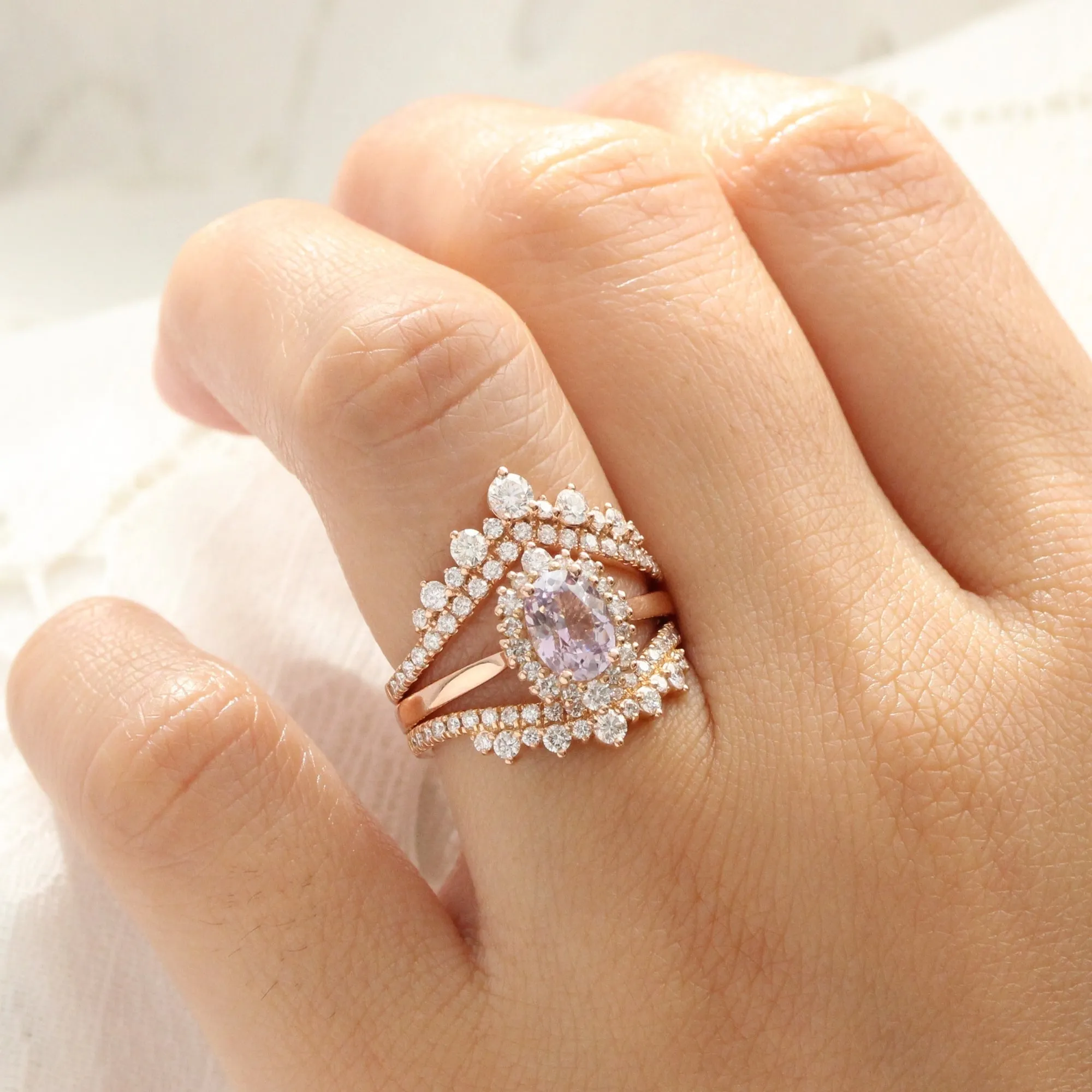 1.62 Ct Oval Lavender Sapphire Ring in 14k Rose Gold Tiara Halo Diamond, Size 6.75