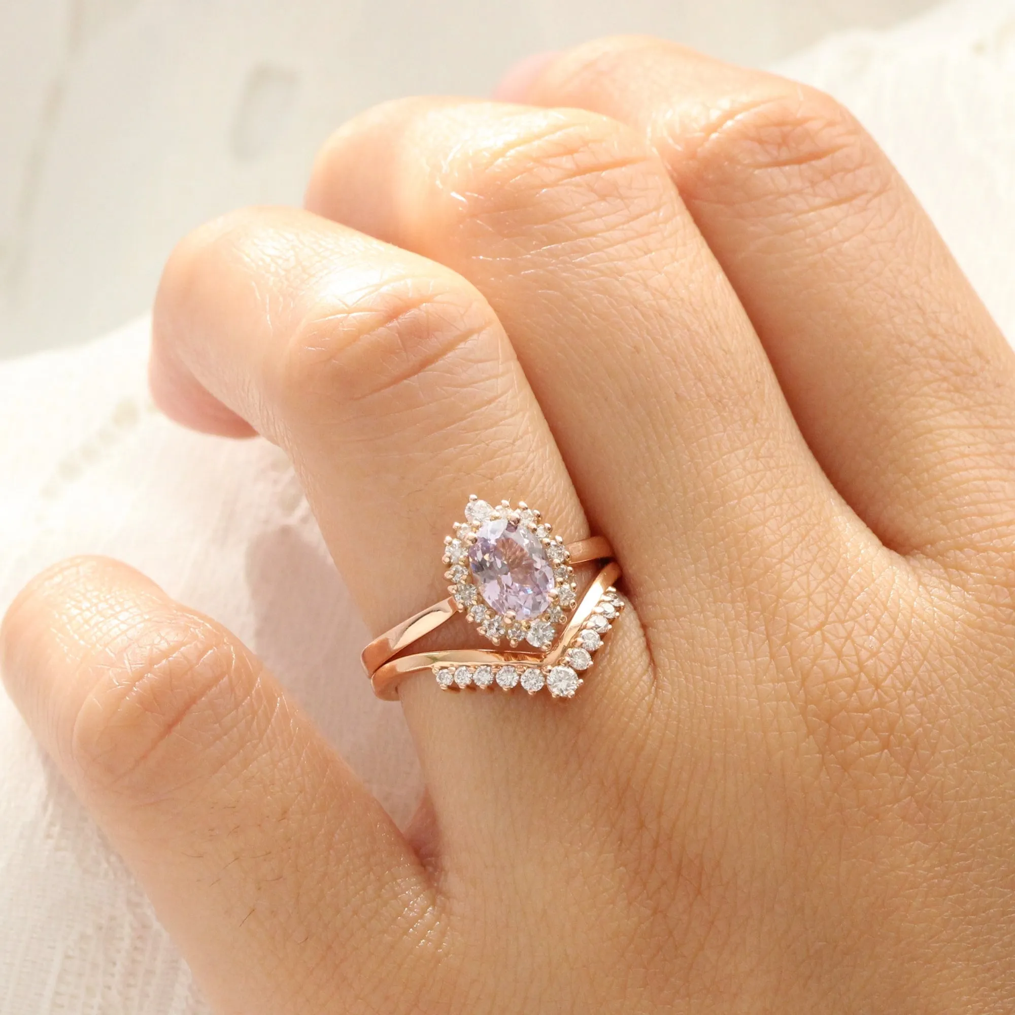 1.62 Ct Oval Lavender Sapphire Ring in 14k Rose Gold Tiara Halo Diamond, Size 6.75