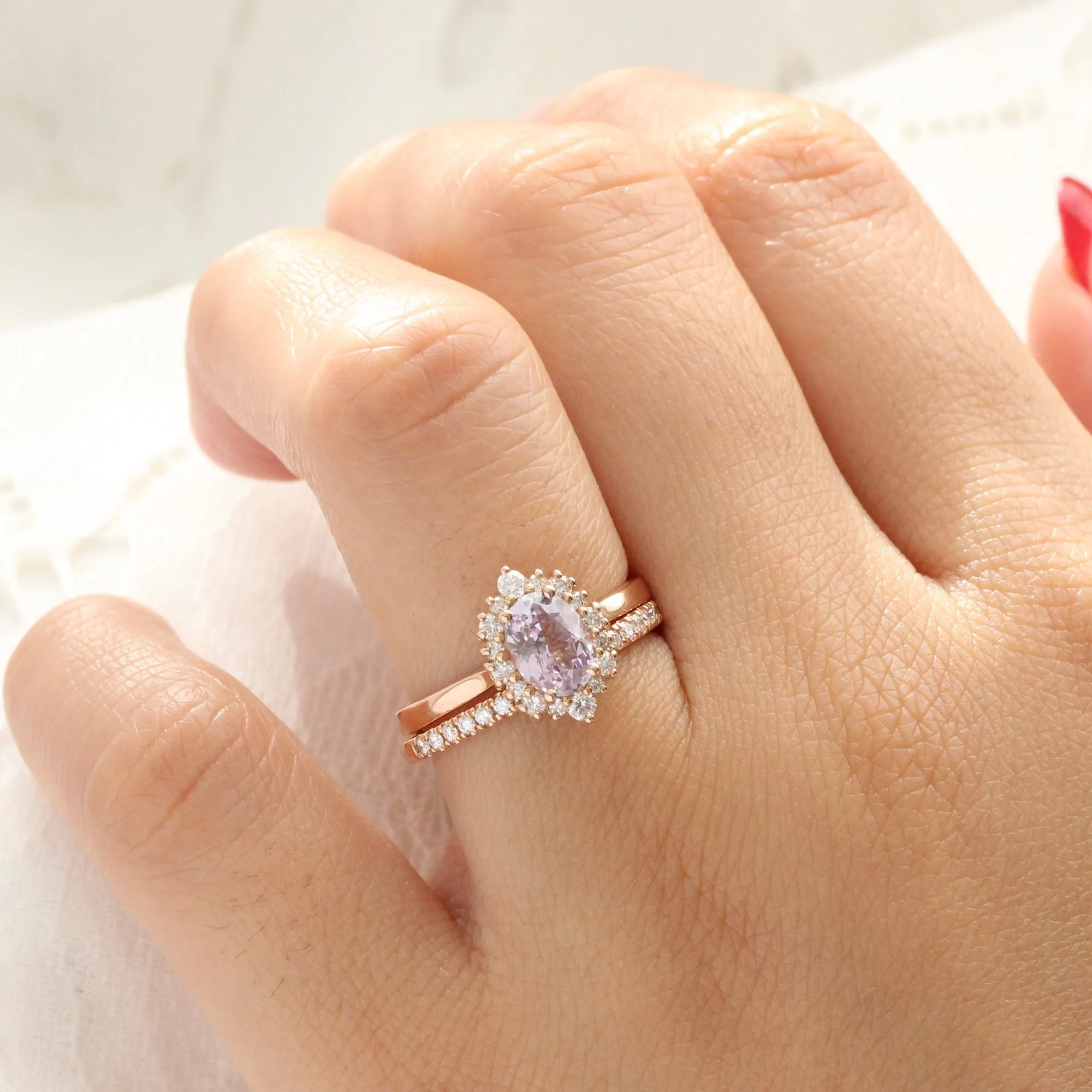 1.62 Ct Oval Lavender Sapphire Ring in 14k Rose Gold Tiara Halo Diamond, Size 6.75