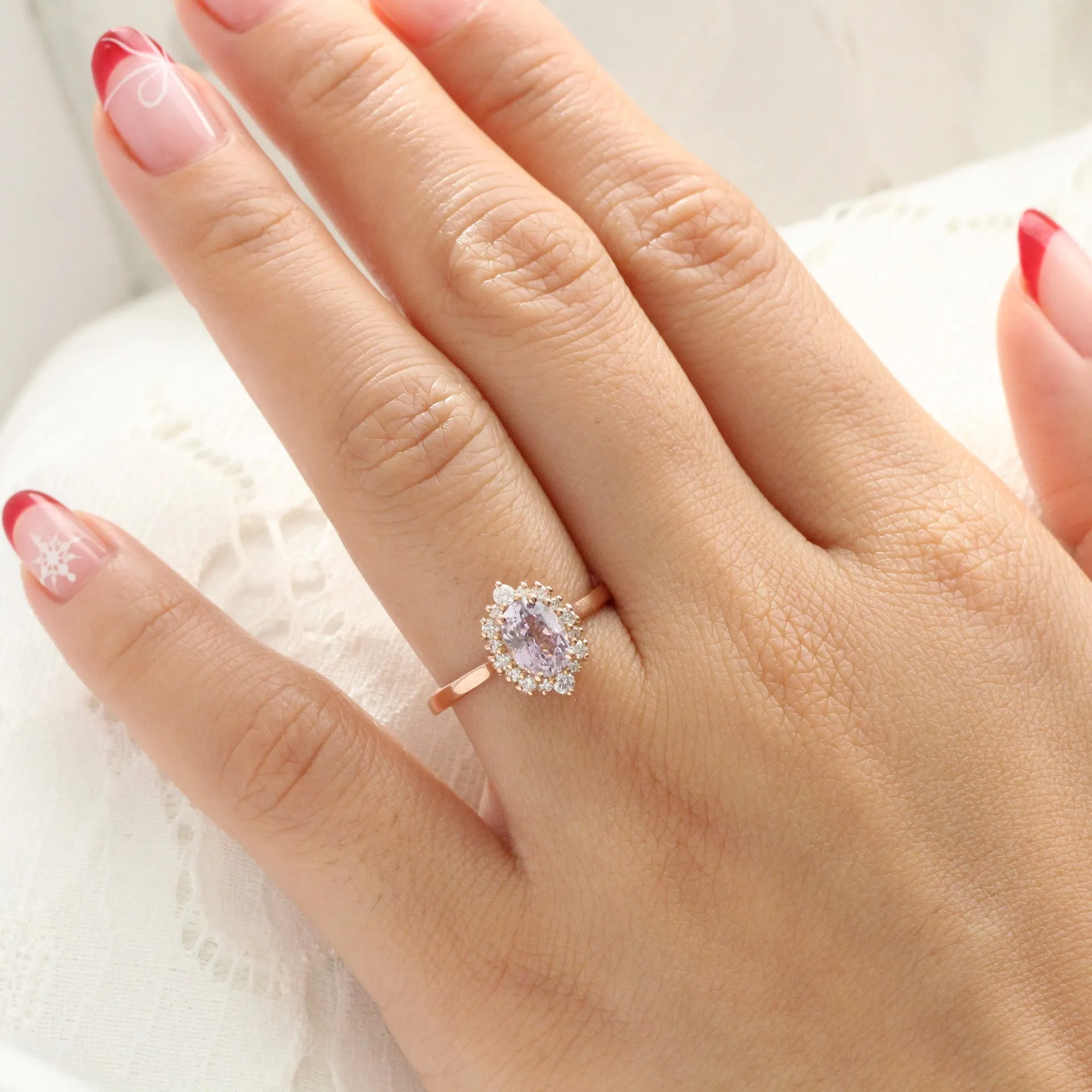 1.62 Ct Oval Lavender Sapphire Ring in 14k Rose Gold Tiara Halo Diamond, Size 6.75