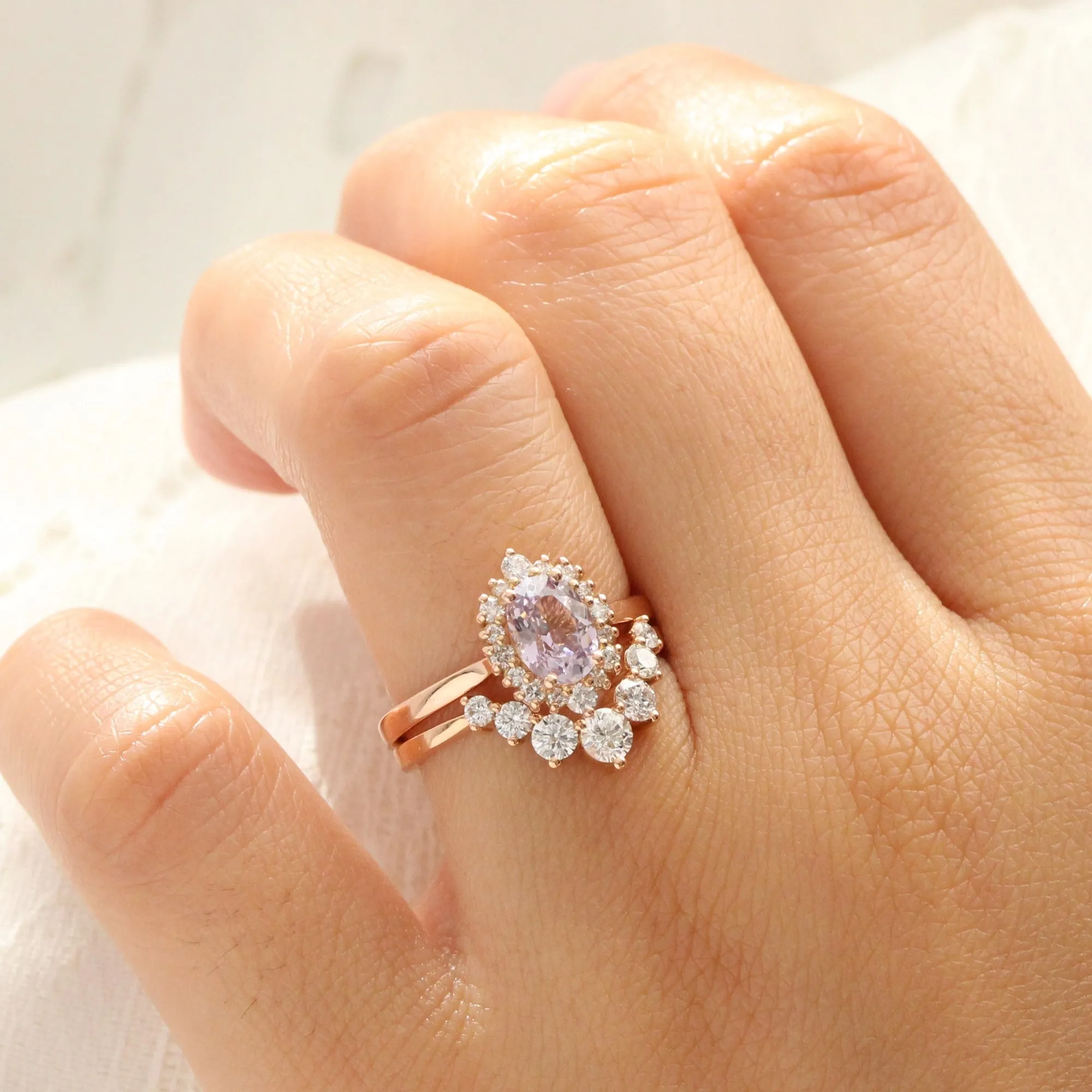1.62 Ct Oval Lavender Sapphire Ring in 14k Rose Gold Tiara Halo Diamond, Size 6.75