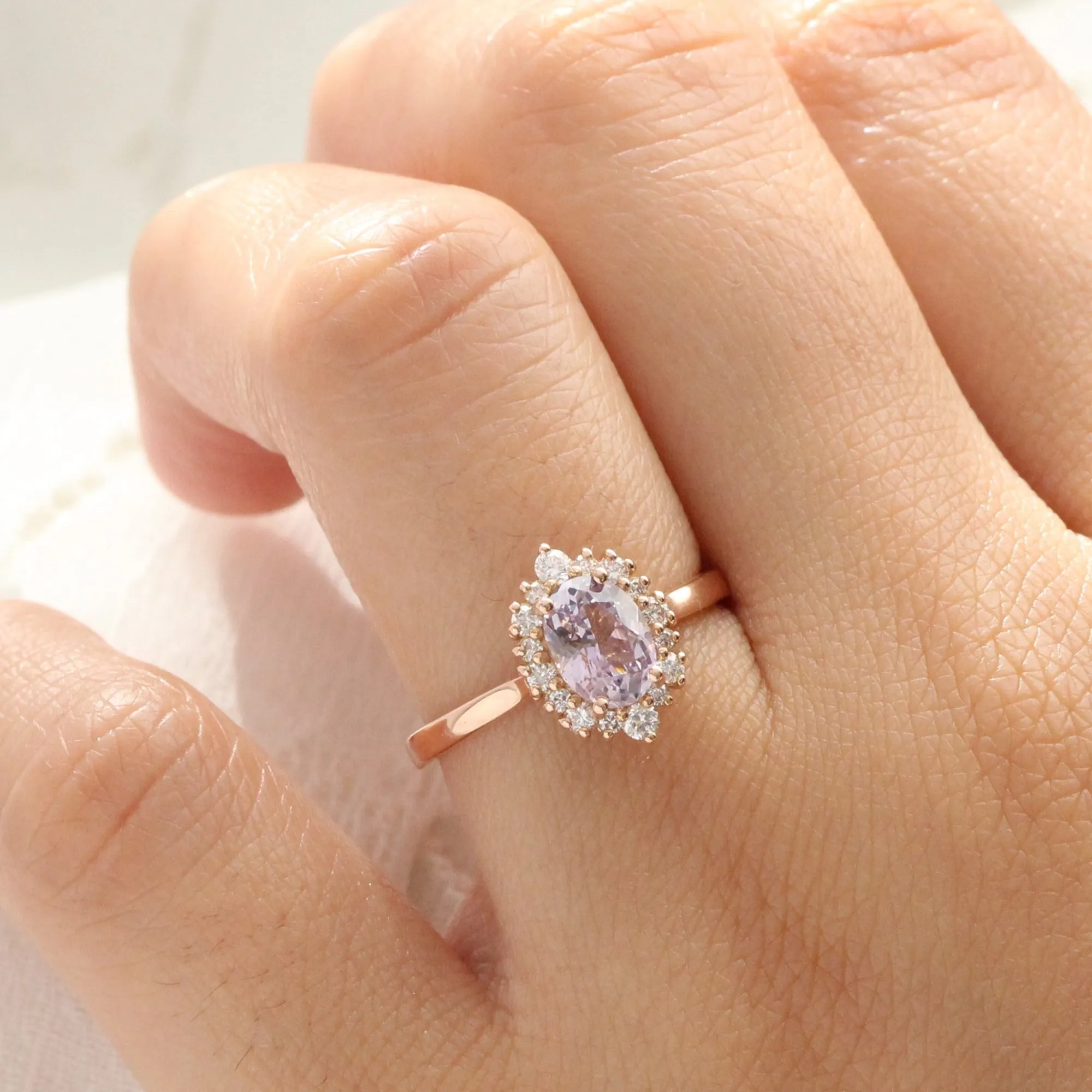 1.62 Ct Oval Lavender Sapphire Ring in 14k Rose Gold Tiara Halo Diamond, Size 6.75