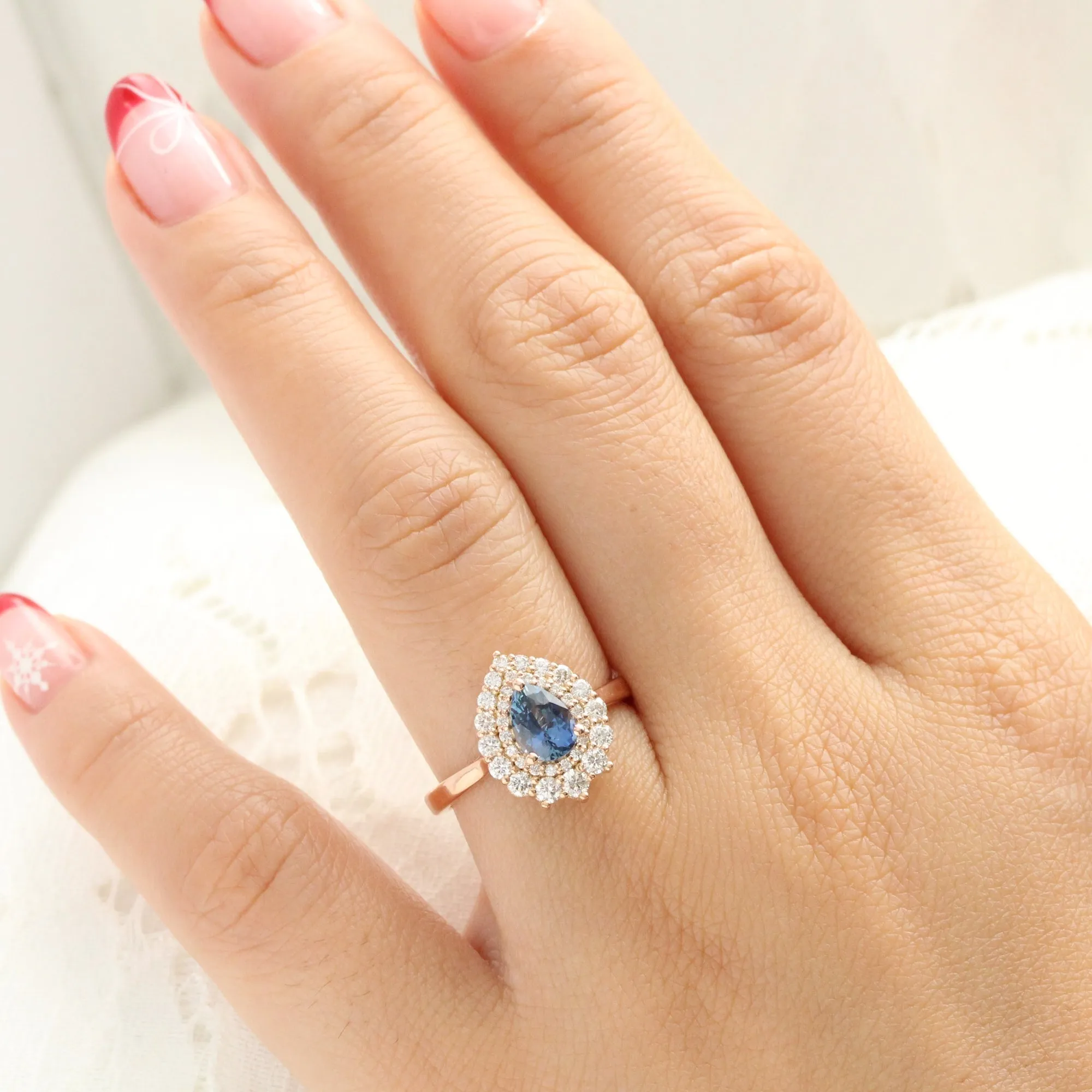 1.63 Ct Peacock Blue Sapphire Ring in 14k Rose Gold Double Halo Diamond, Size 6.5