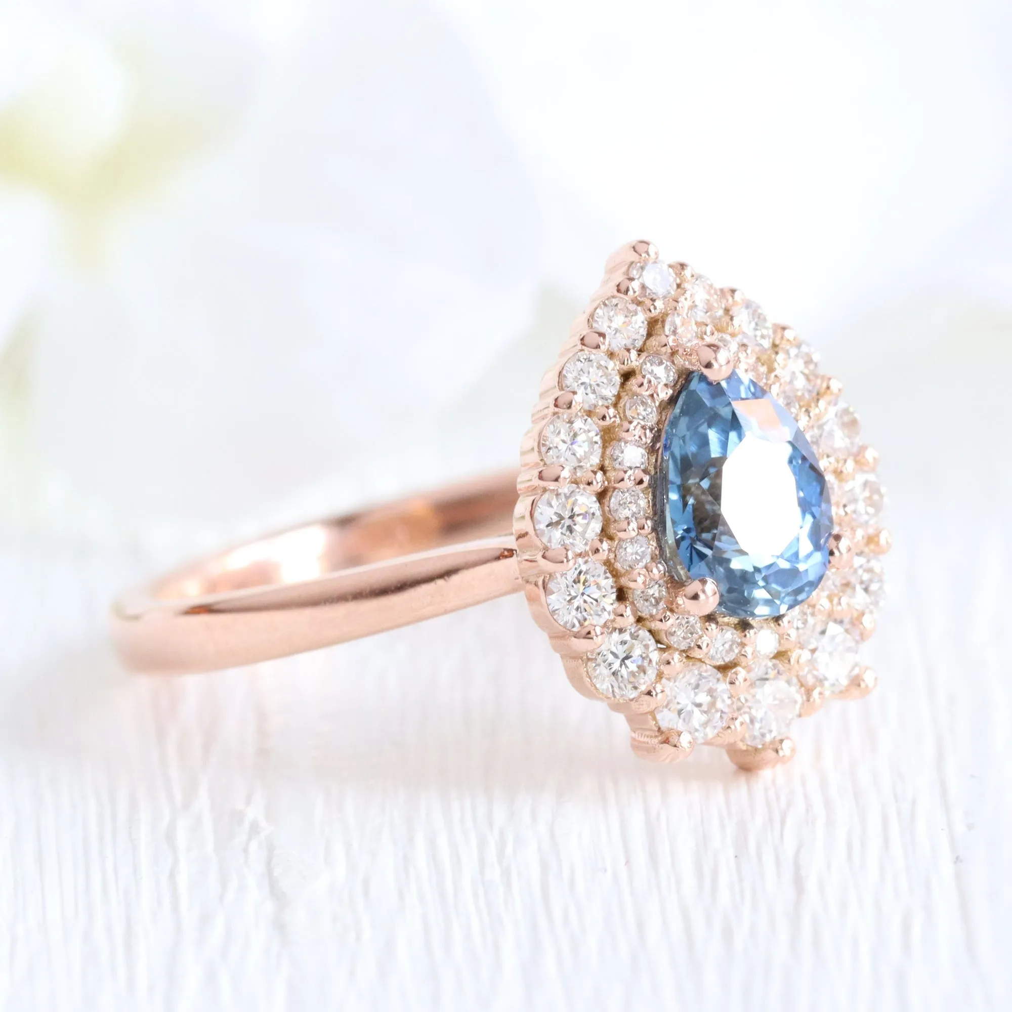 1.63 Ct Peacock Blue Sapphire Ring in 14k Rose Gold Double Halo Diamond, Size 6.5