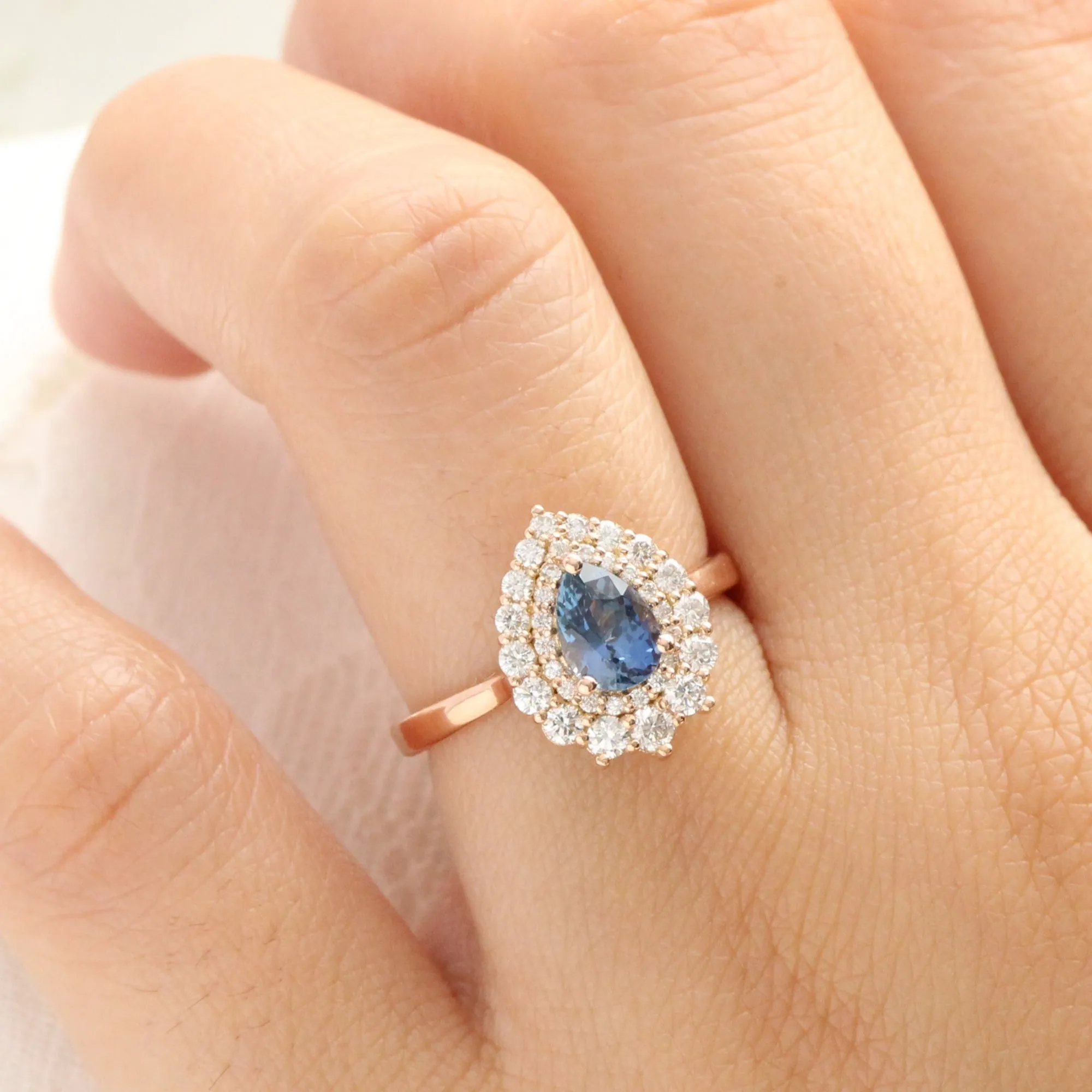 1.63 Ct Peacock Blue Sapphire Ring in 14k Rose Gold Double Halo Diamond, Size 6.5