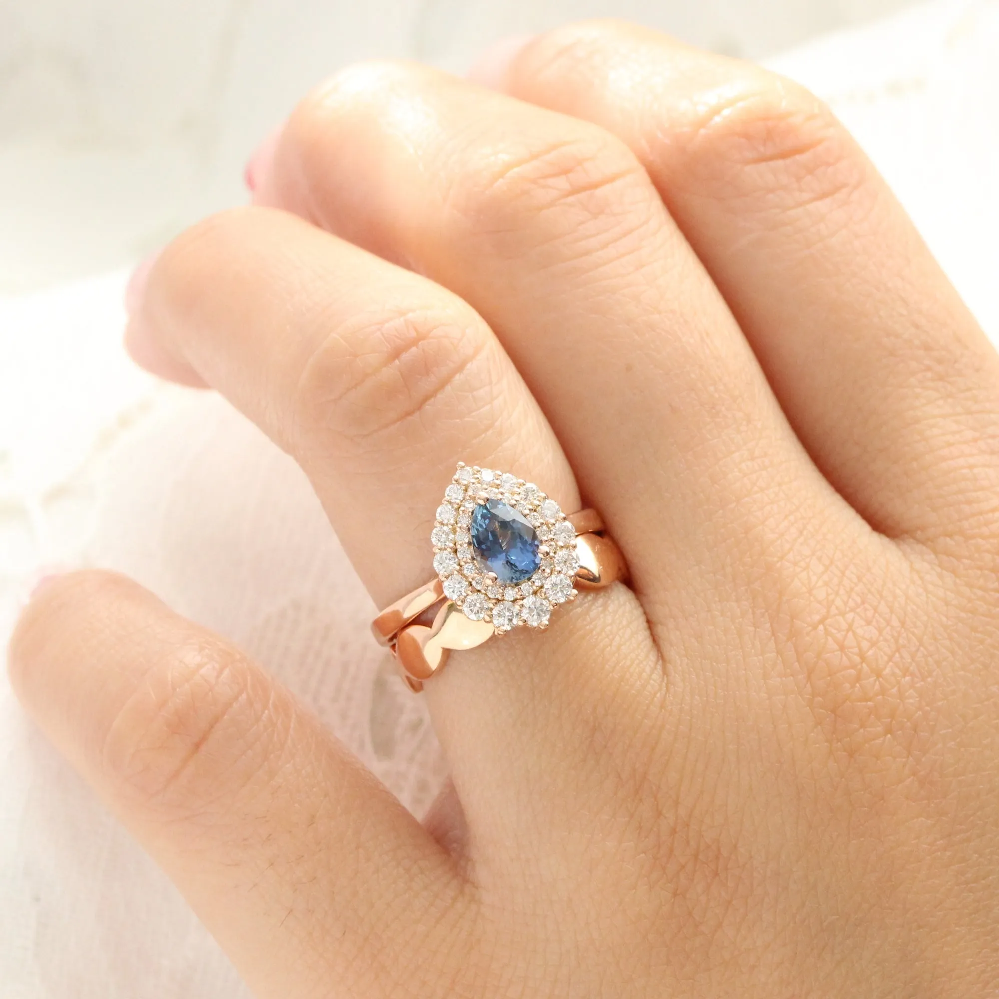 1.63 Ct Peacock Blue Sapphire Ring in 14k Rose Gold Double Halo Diamond, Size 6.5