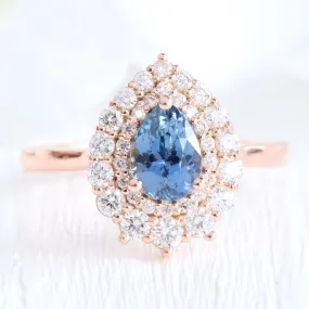 1.63 Ct Peacock Blue Sapphire Ring in 14k Rose Gold Double Halo Diamond, Size 6.5